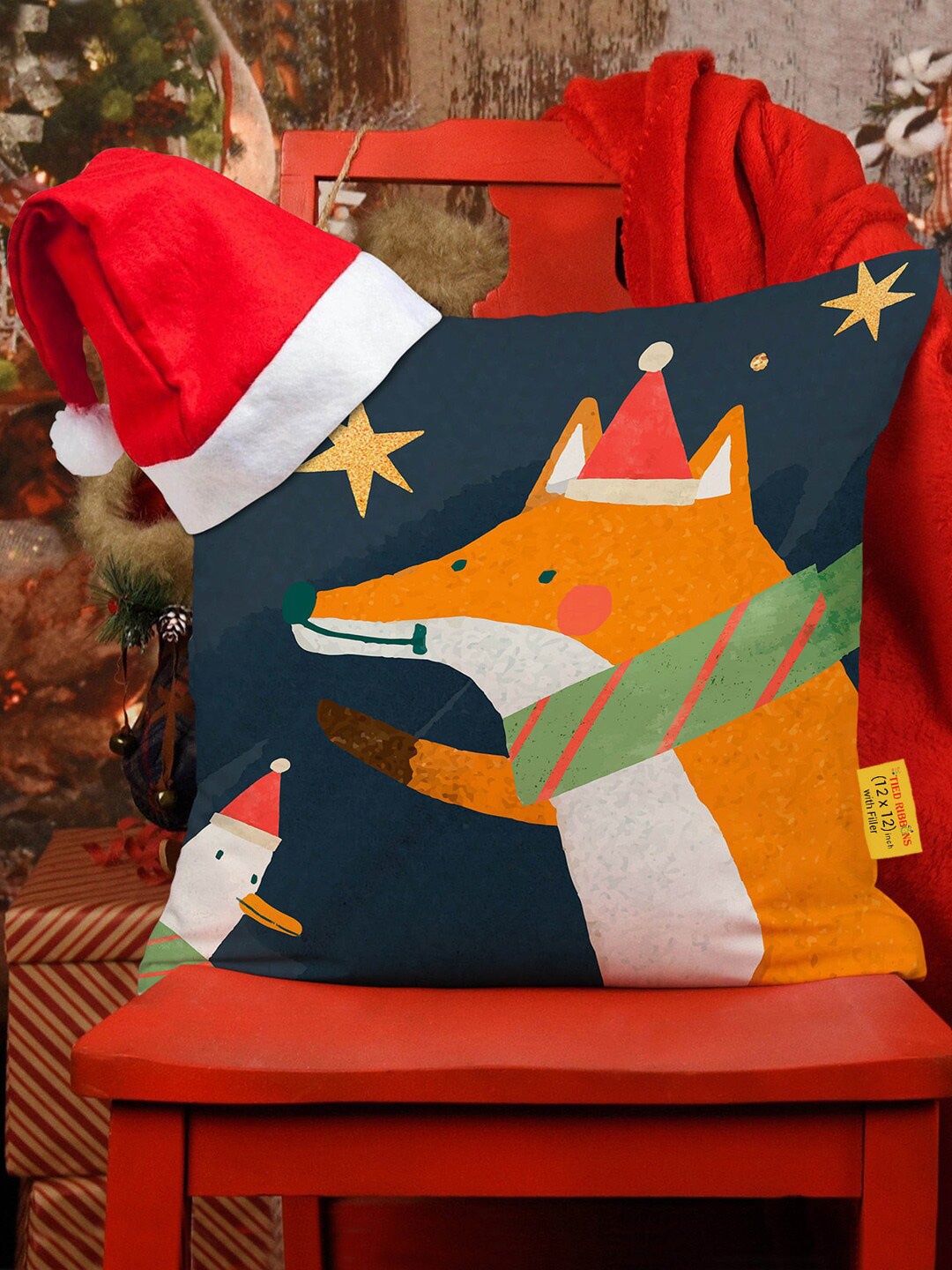 

TIED RIBBONS Navy Blue & Orange Christmas Printed Cushion Cover With Filler & Santa Cap