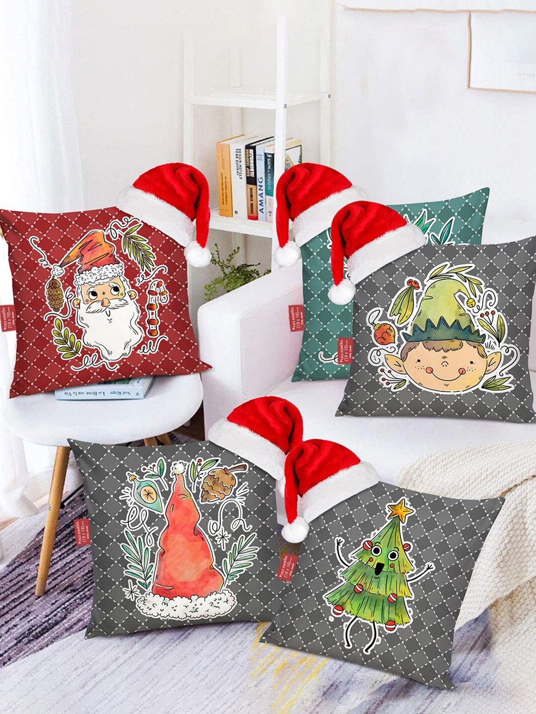 

TIED RIBBONS Grey & Maroon Set of 5 Square Cushion Covers