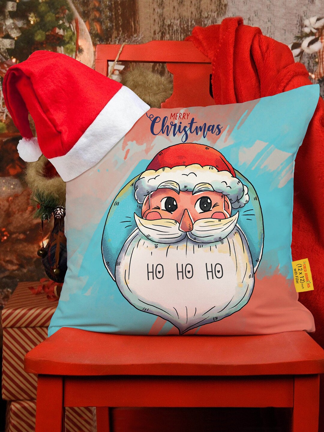 

TIED RIBBONS Multicoloured Christmas Printed Cushion Cover With Filler & Santa Cap, Multi