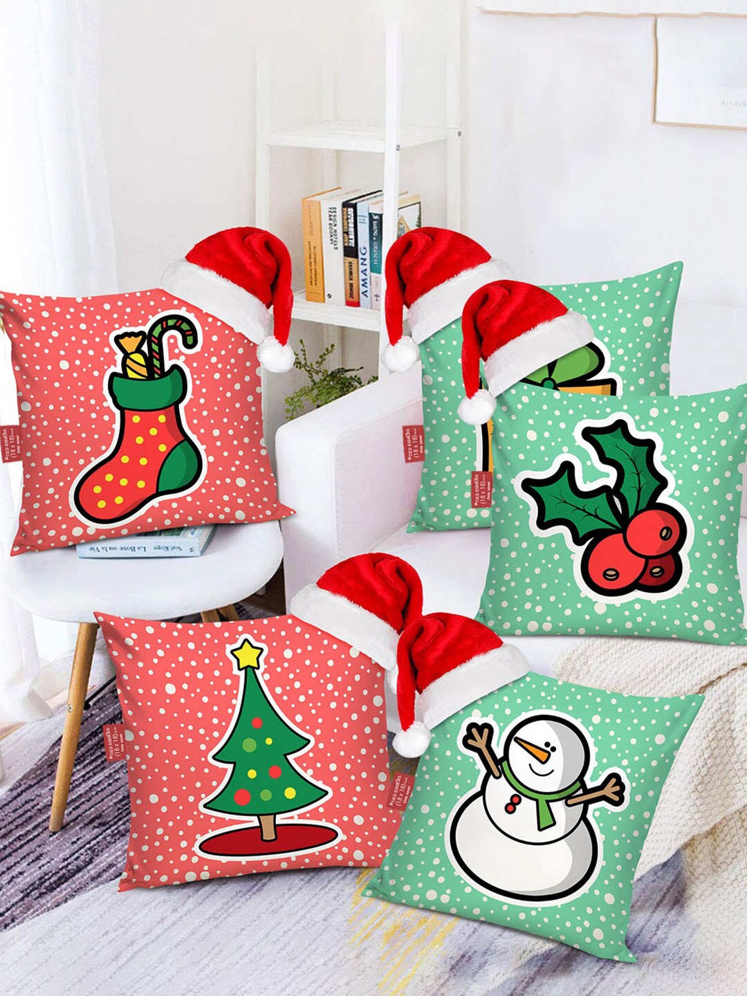 

TIED RIBBONS Set of 5 Cartoon Characters Square Christmas Cushion Covers with Santa Caps, Pink