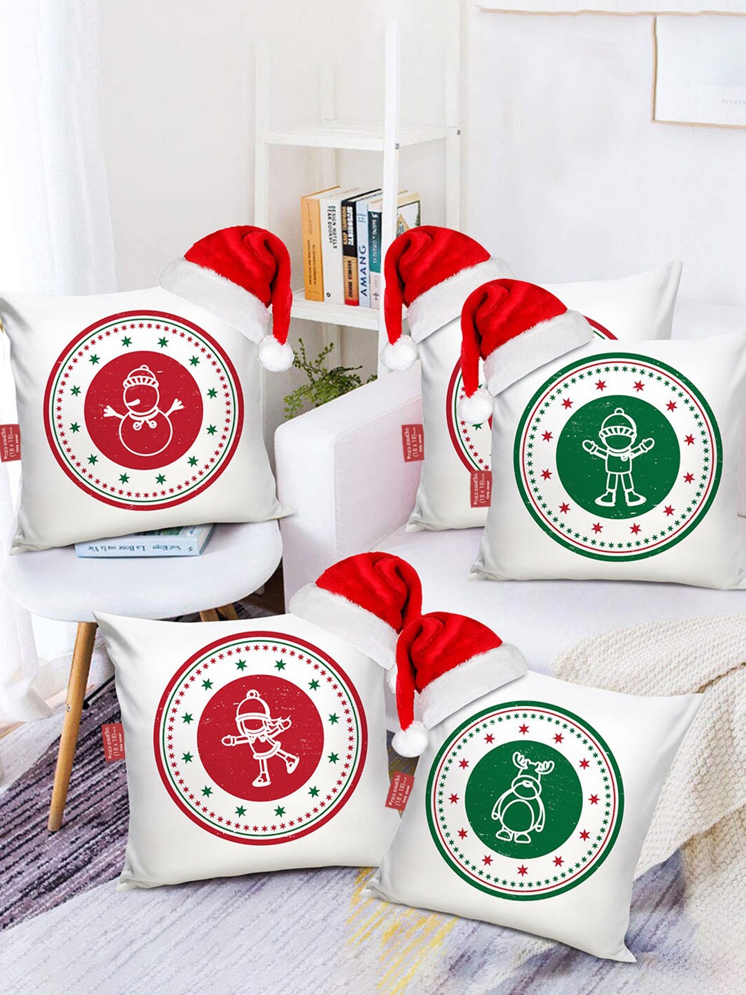 

TIED RIBBONS Set Of 5 Printed Christmas Square Cushion Covers & Santa Caps, Multi