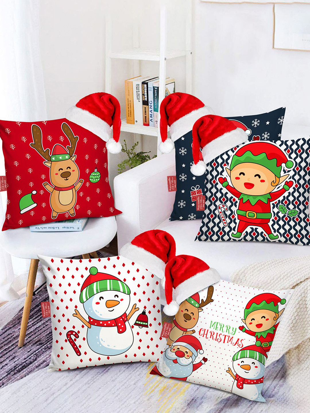 

TIED RIBBONS White & Red Set of 5 Quirky Square Christmas Cushion Covers