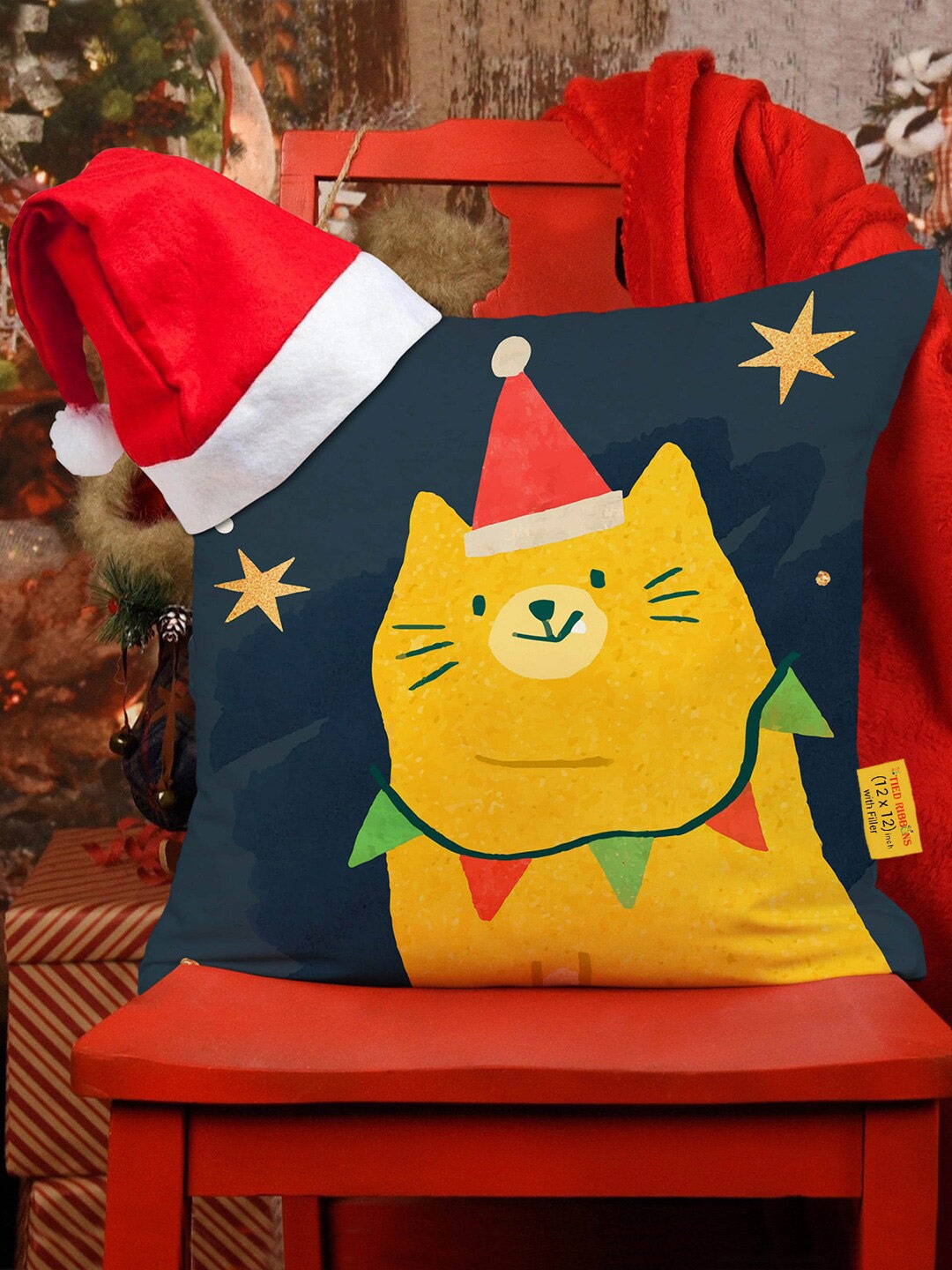 

TIED RIBBONS Black & Mustard Christmas Printed Cushion Cover With Filler & Santa Cap