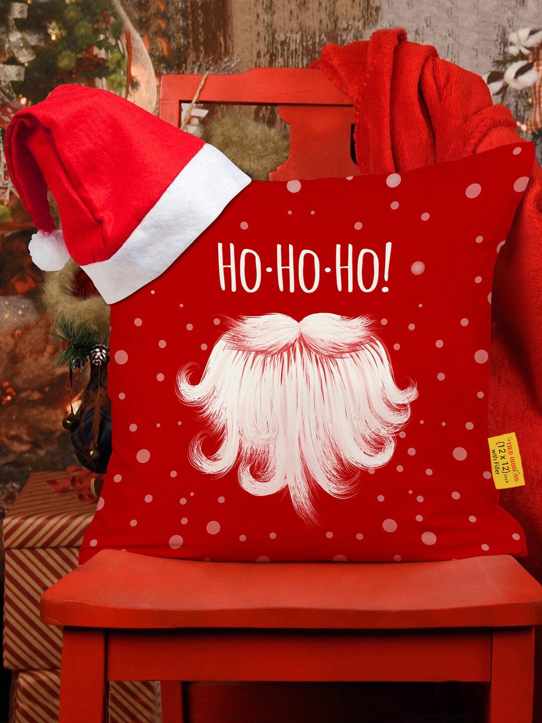 

TIED RIBBONS Red & White Christmas Printed Square Cushion Cover With Filler & Santa Cap