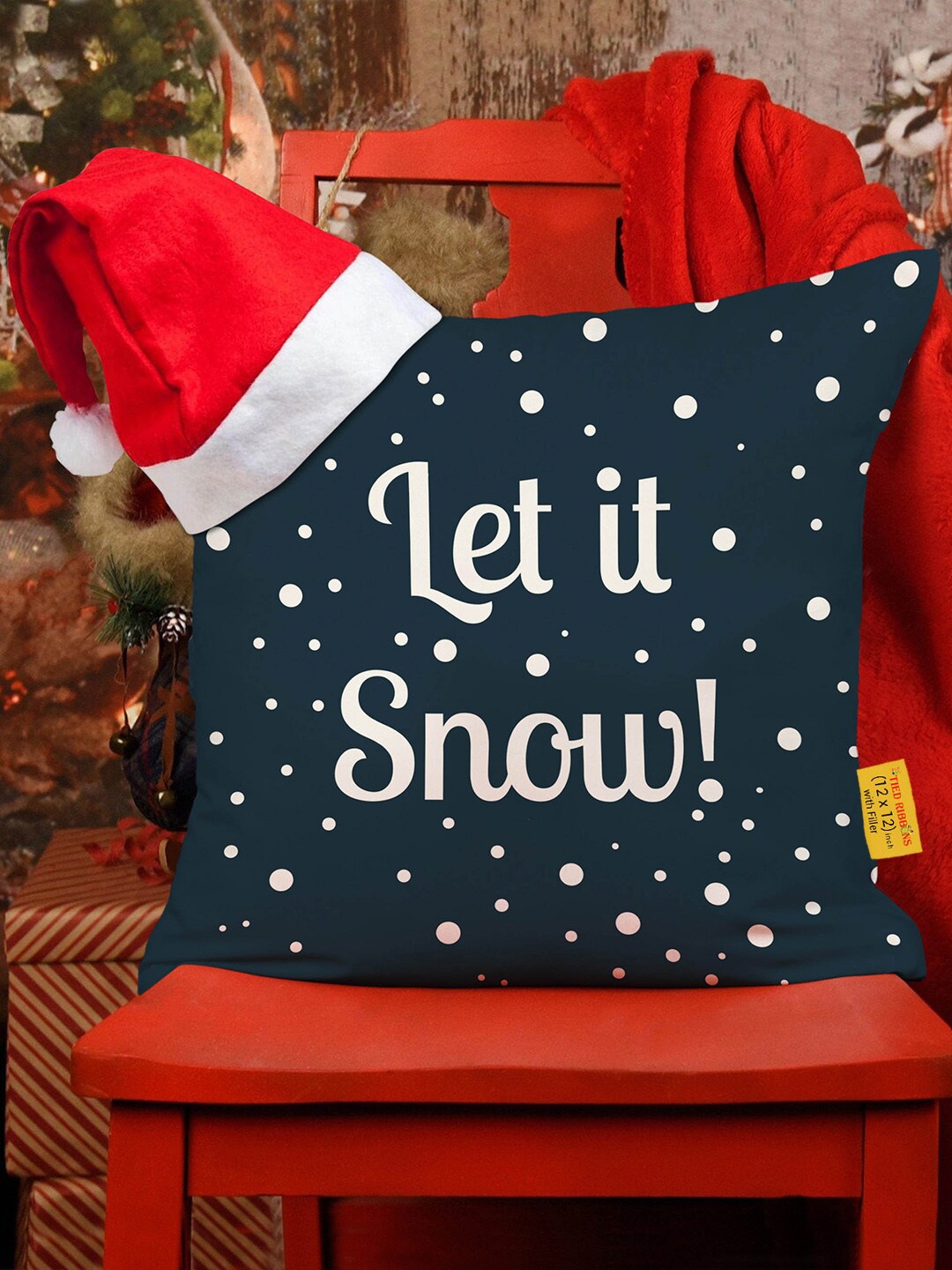 

TIED RIBBONS Multicoloured Christmas Printed Square Cushion Cover With Filler & Santa Cap, Multi