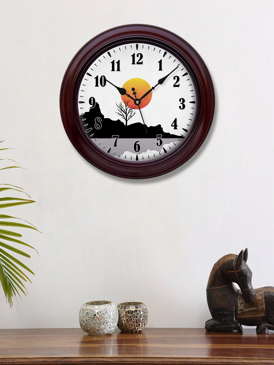 

999Store White & Brown Sunset Mountains & Water Printed Contemporary Wall Clock