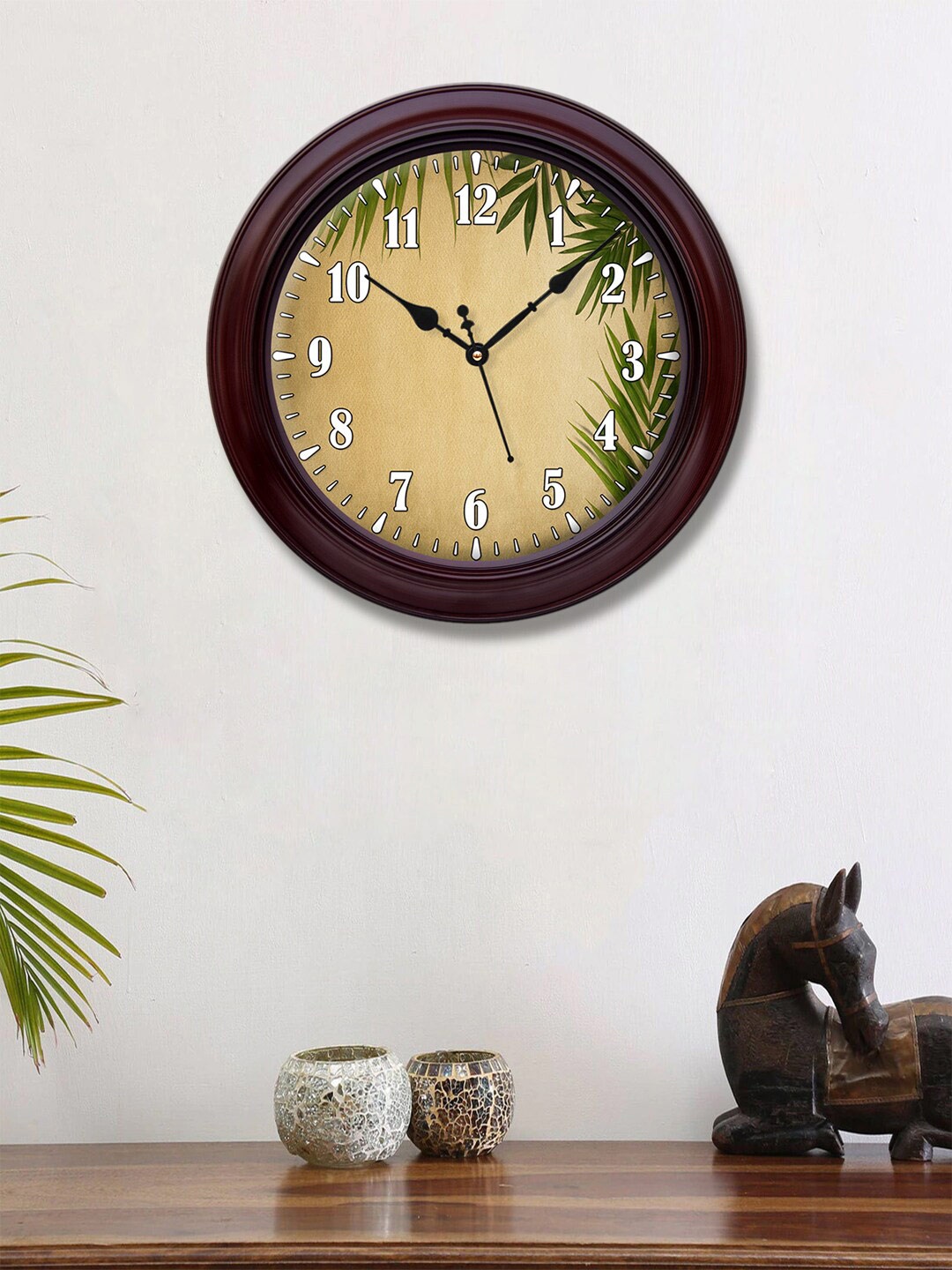 

999Store Brown & Green Modern Leaves Printed Traditional Wall Clock
