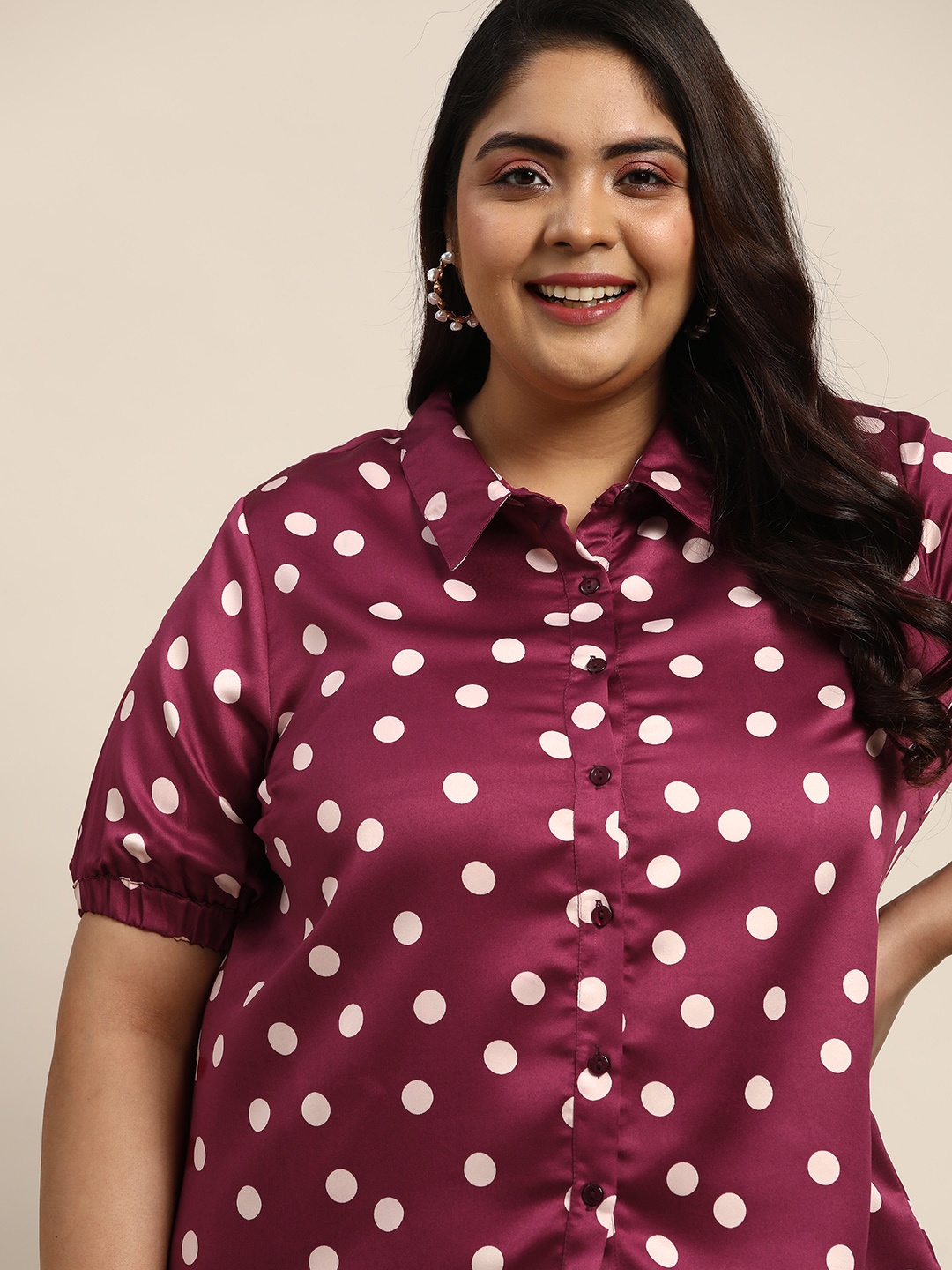 

Sztori Women Plus Size Burgundy & Cream-Coloured Polka Dots Printed Casual Shirt