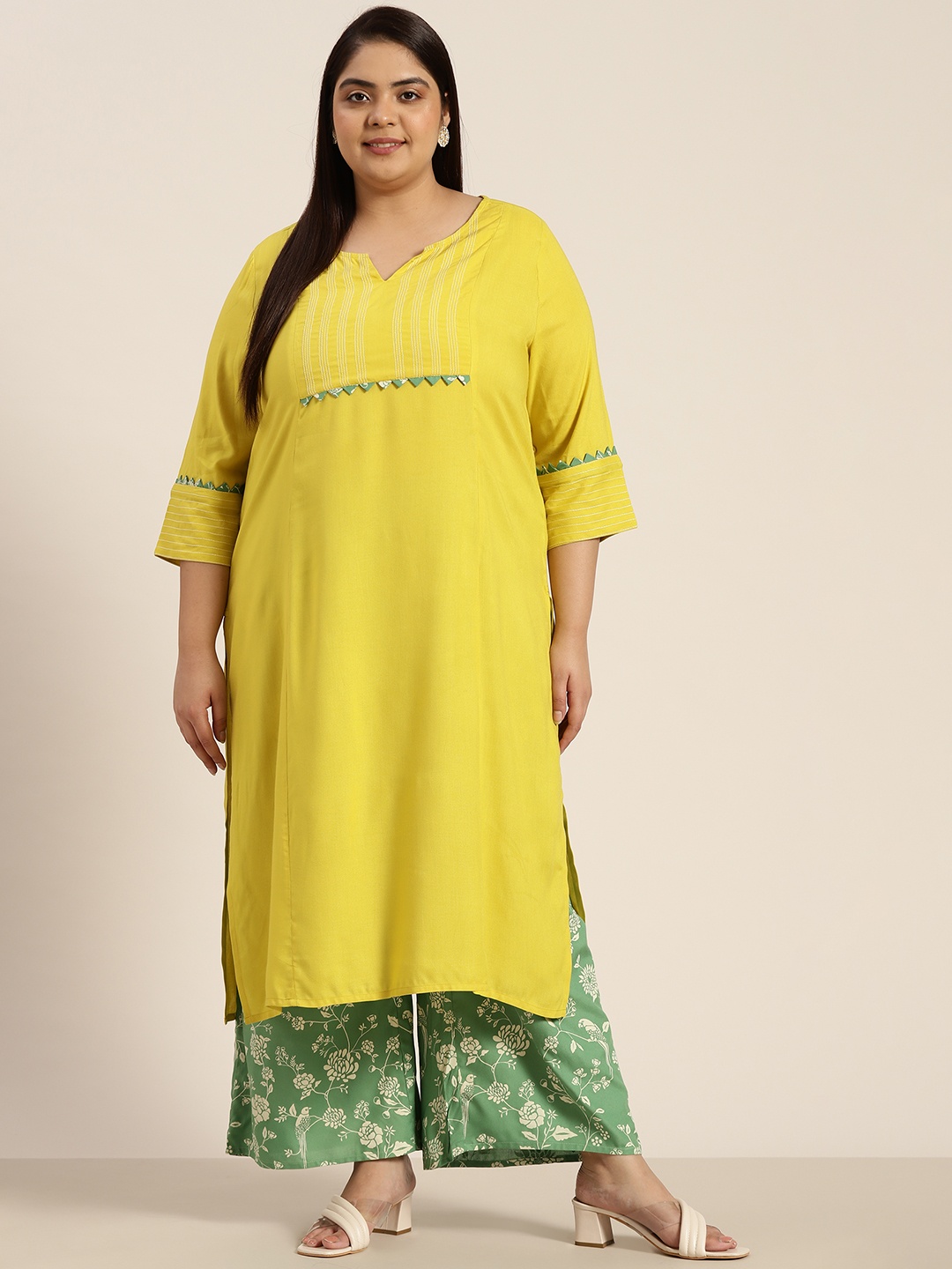 

Sztori Plus Size Women Yellow & Green Yoke Design Kurta with Printed Palazzos