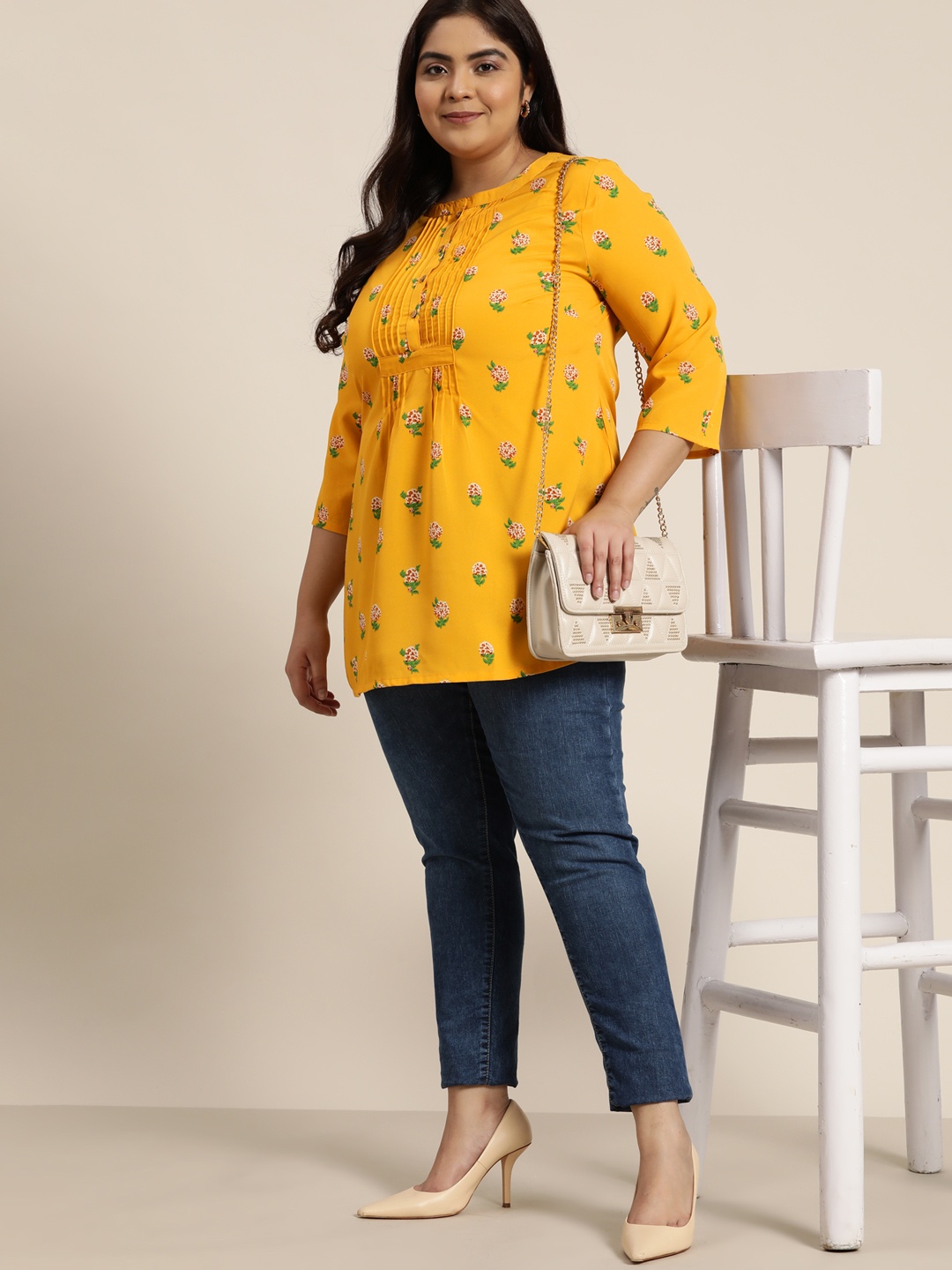 

Sztori Women Plus Size Mustard Yellow Floral Print Pleated Kurti