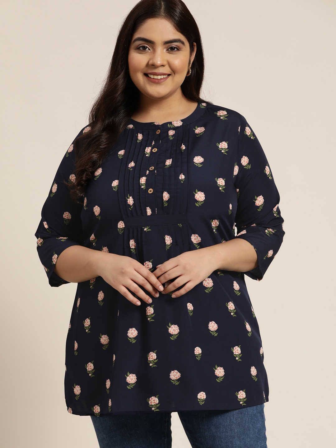 

Sztori Women Plus Size Navy Blue Floral Print Pleated Kurti