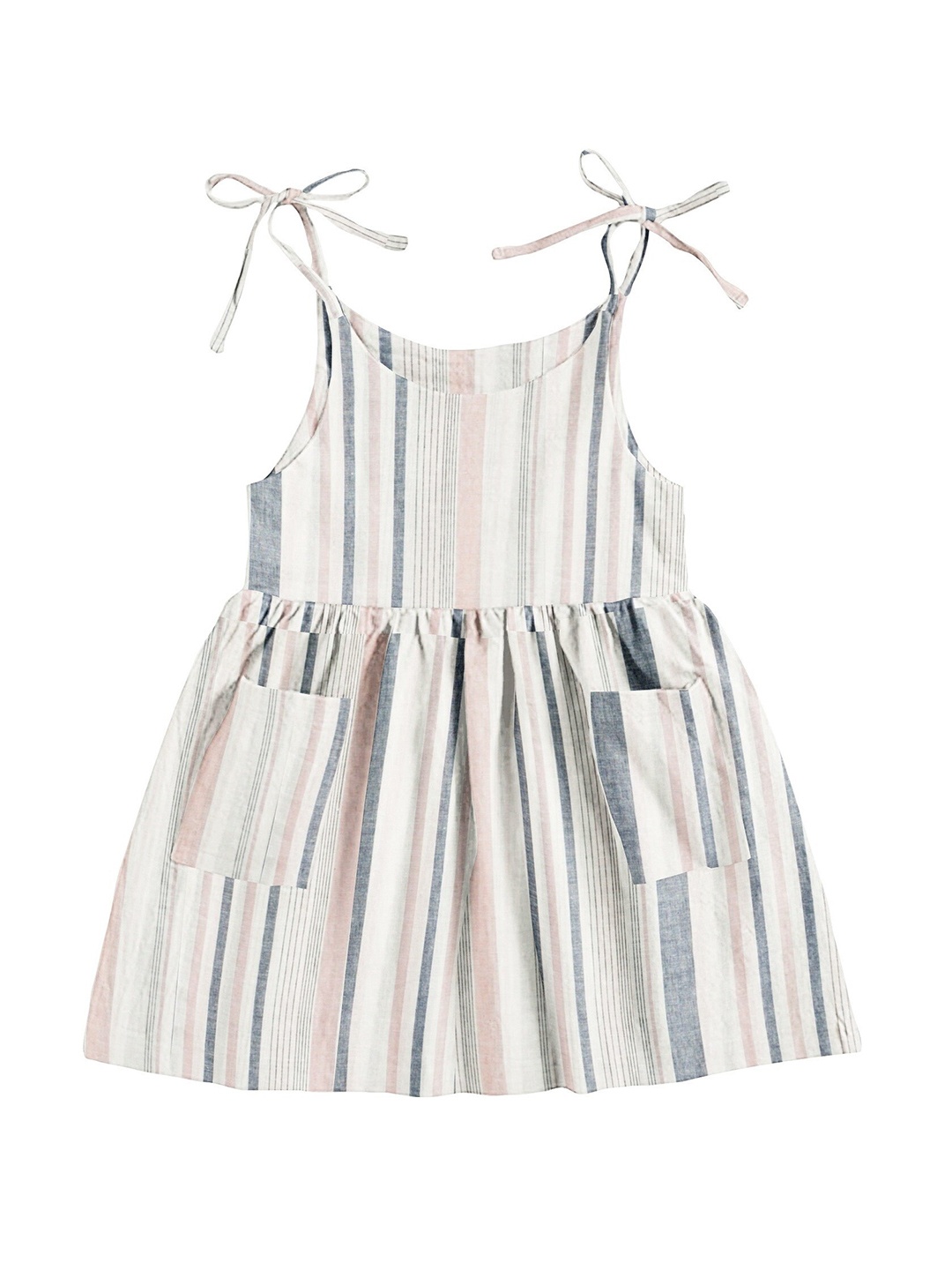 

THE BABY ATELIER Girls Grey & Pink Cotton Striped Dress
