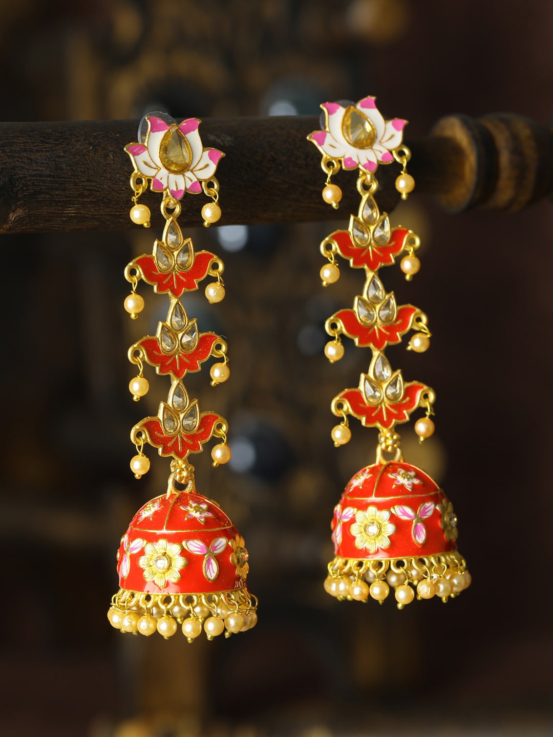 

Priyaasi Gold-Toned & Red Floral Jhumkas Earrings