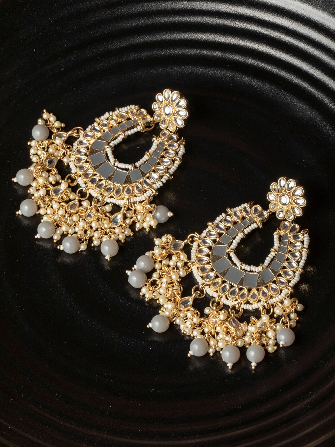 

Priyaasi Gold-Toned & Grey Floral Drop Earrings