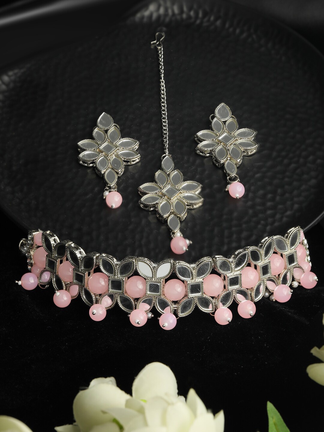 

Priyaasi Rose Gold-Plated White & Pink AD Studded & Beaded Floral Jewellery Set