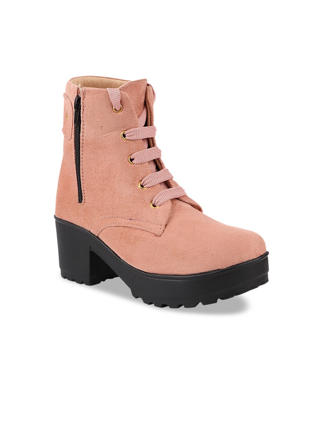 

Shoetopia Peach-Coloured Suede High-Top Block Heeled Boots