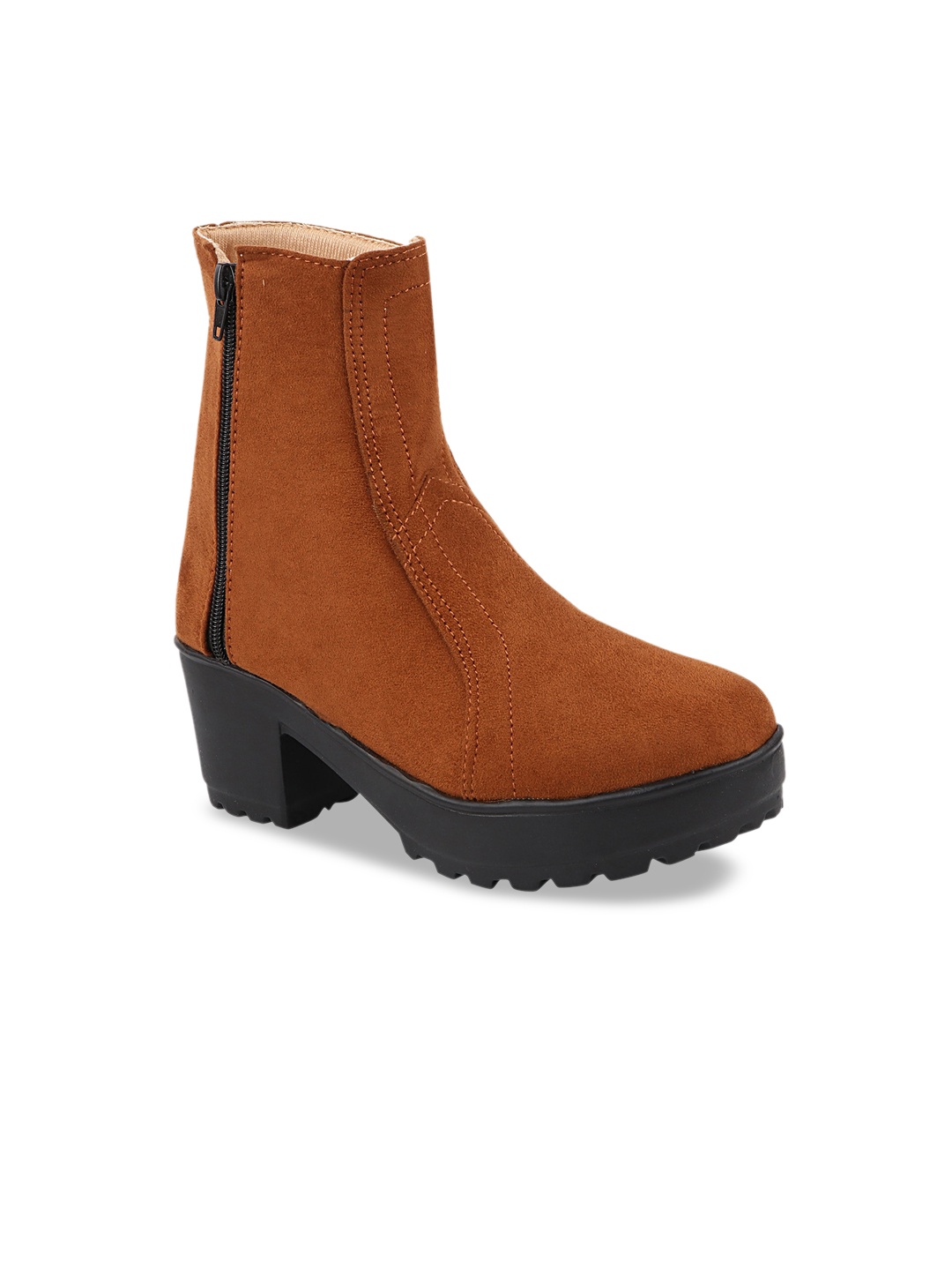 

Shoetopia Tan Brown Mid-Top Suede Block Heeled Boots