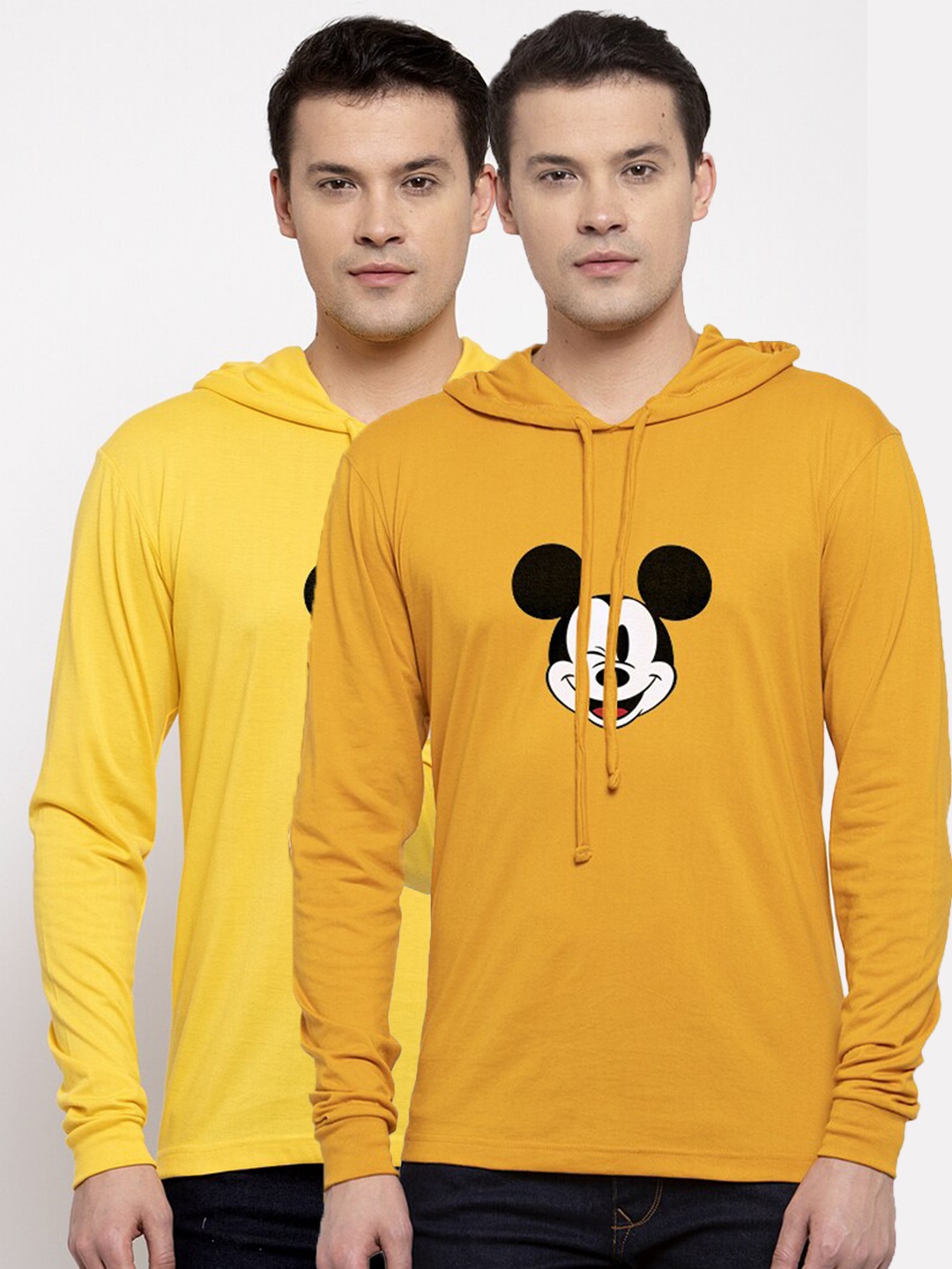 

Friskers Men Pack Of 2 Yellow Mickey Mouse Printed Pure Cotton Hooded T-shirt