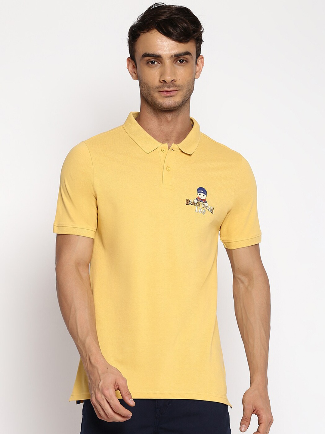 

Lee Men Yellow Typography Printed Polo Collar Slim Fit Cotton T-shirt