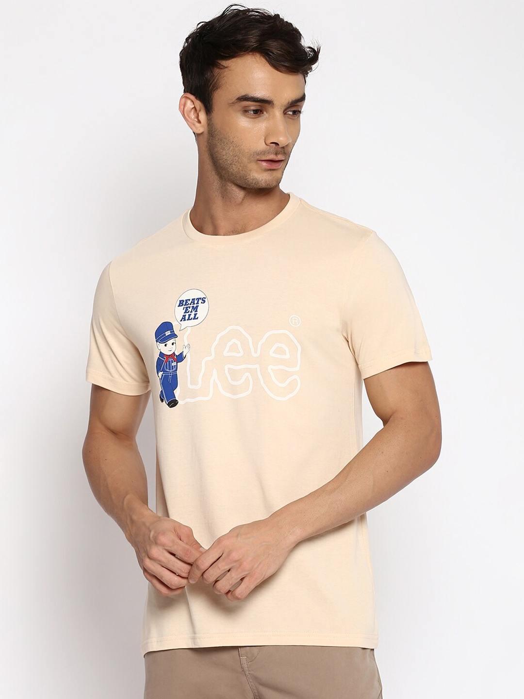 Lee Men Beige & Blue Typography Printed Slim Fit T-shirt