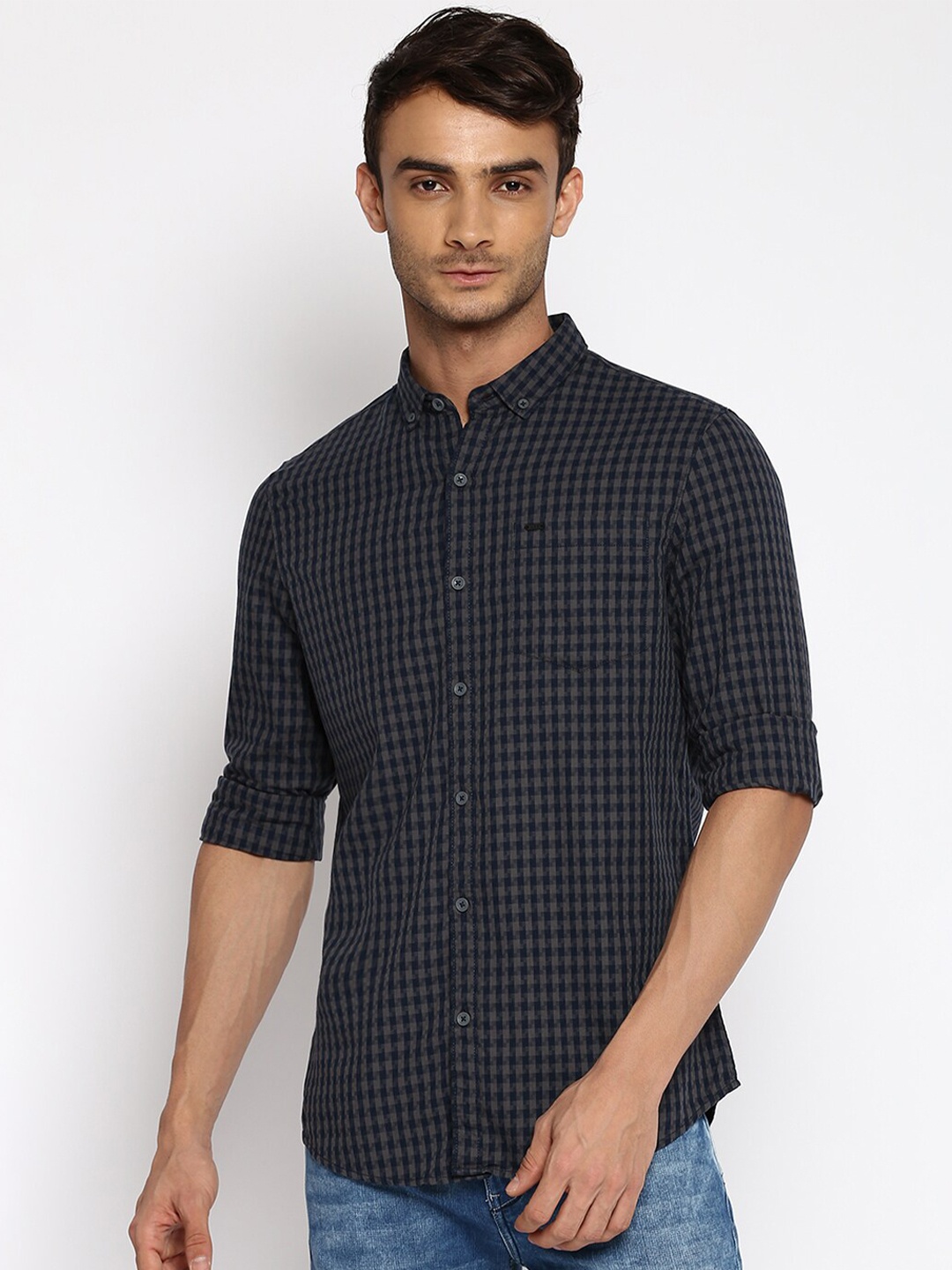 

Lee Men Blue & Grey Classic Slim Fit Grid Tattersall Checks Cotton Casual Shirt