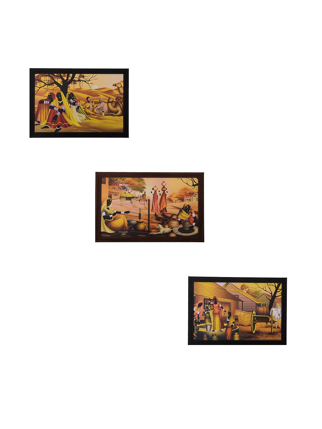

eCraftIndia Multicoloured Set of 3 Village Scene UV Wall Art, Multi