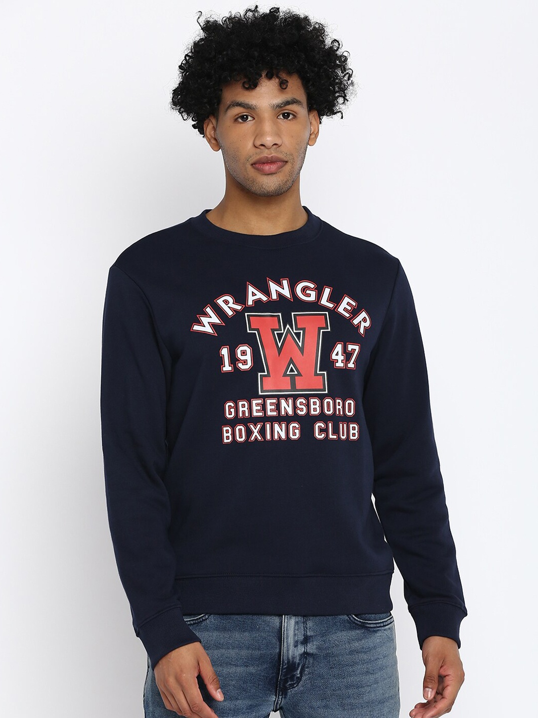 

Wrangler Men Navy Blue Printed Cotton Sweatshirt