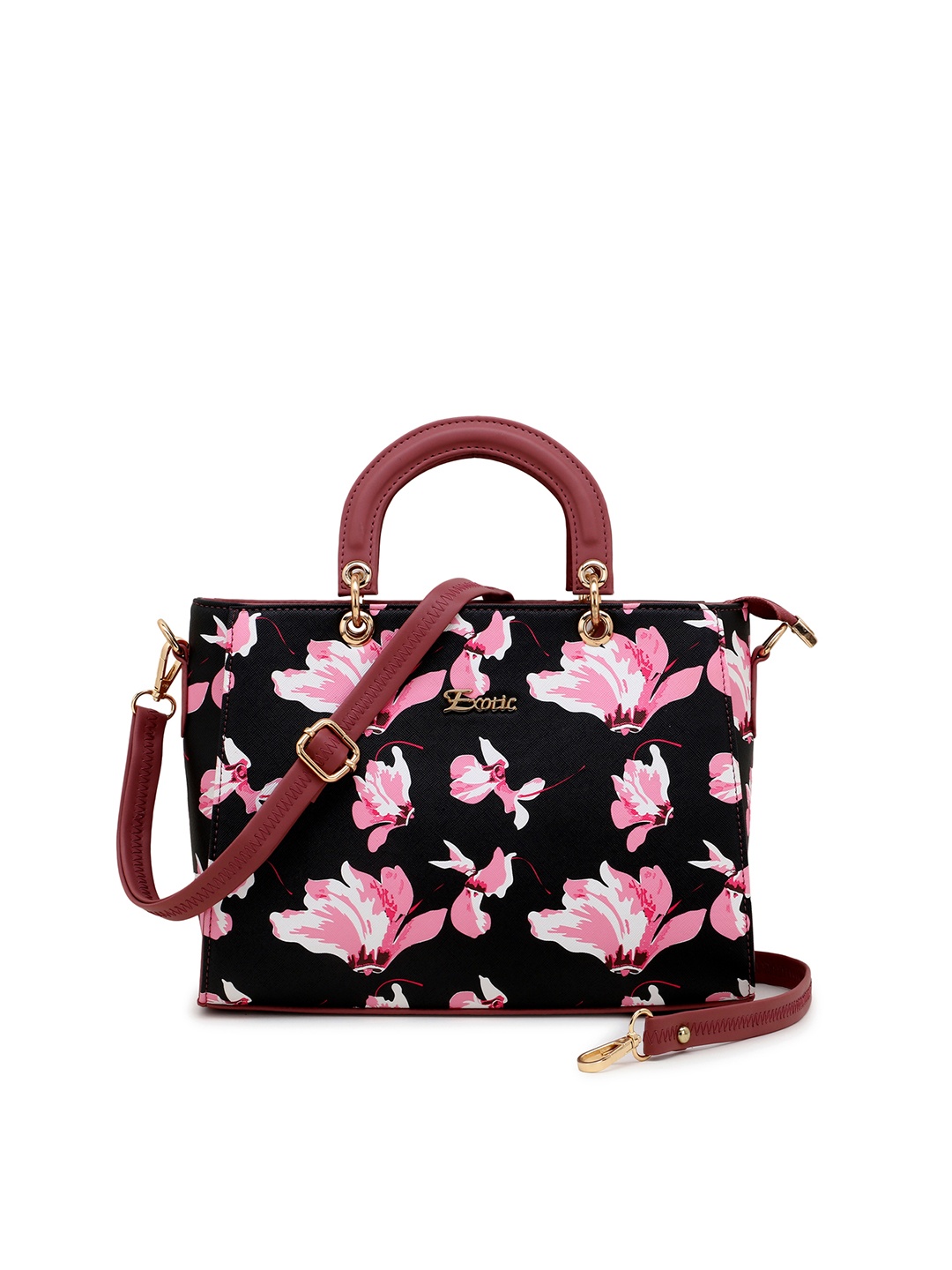 

Exotic Black Floral Printed PU Shopper Handheld Bag