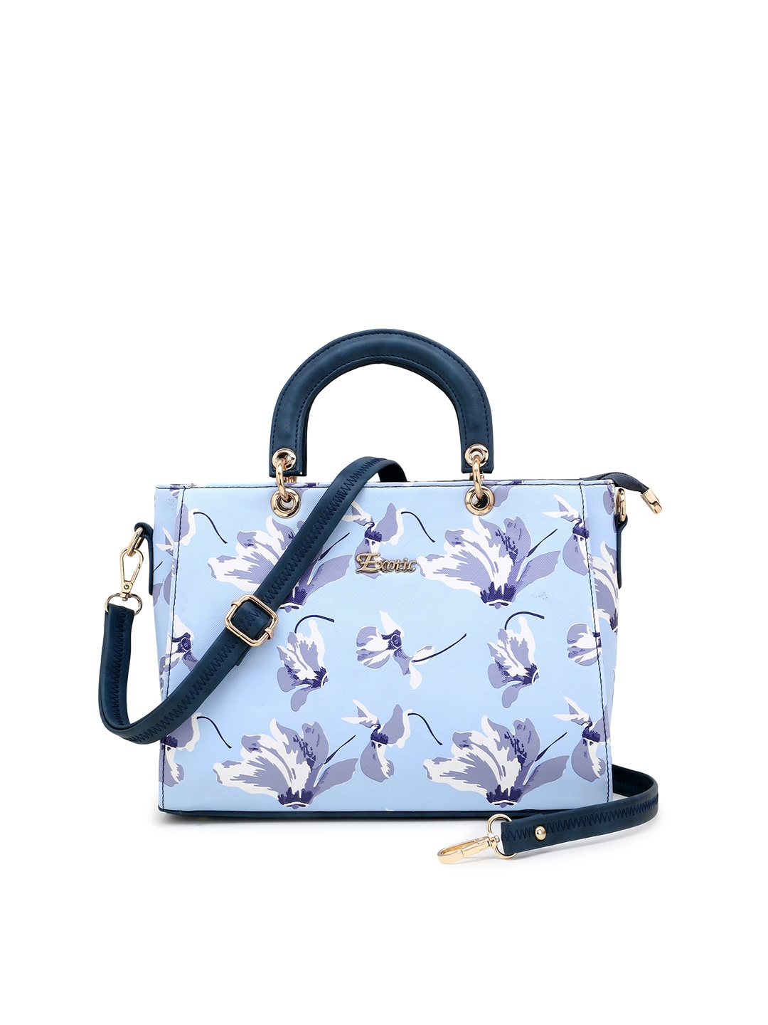 

Exotic Blue Floral Printed PU Shopper Handheld Bag