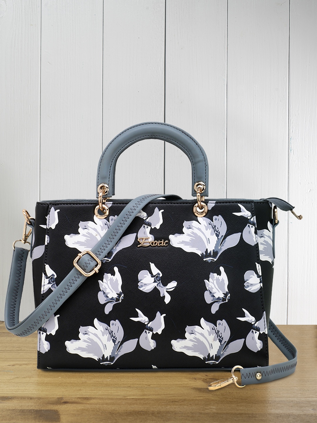 

Exotic Black Floral Printed PU Structured Handheld Bag
