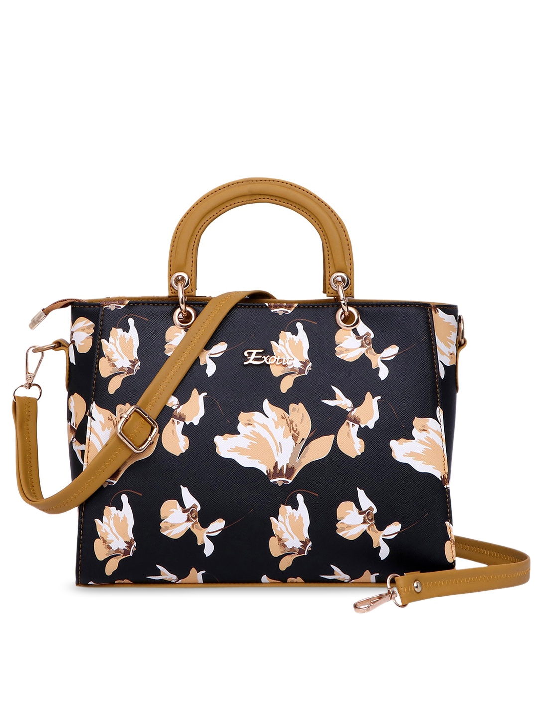 

Exotic Navy Blue Floral Printed Structured Handheld Bag