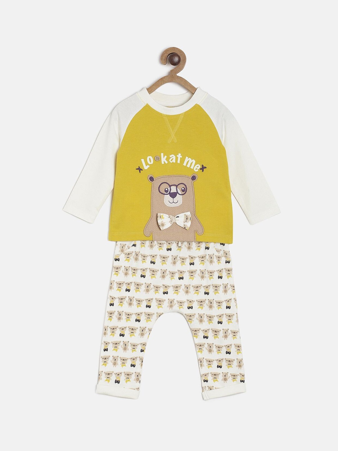 

MINI KLUB Boys Yellow & Off White Printed T-shirt with Pyjamas