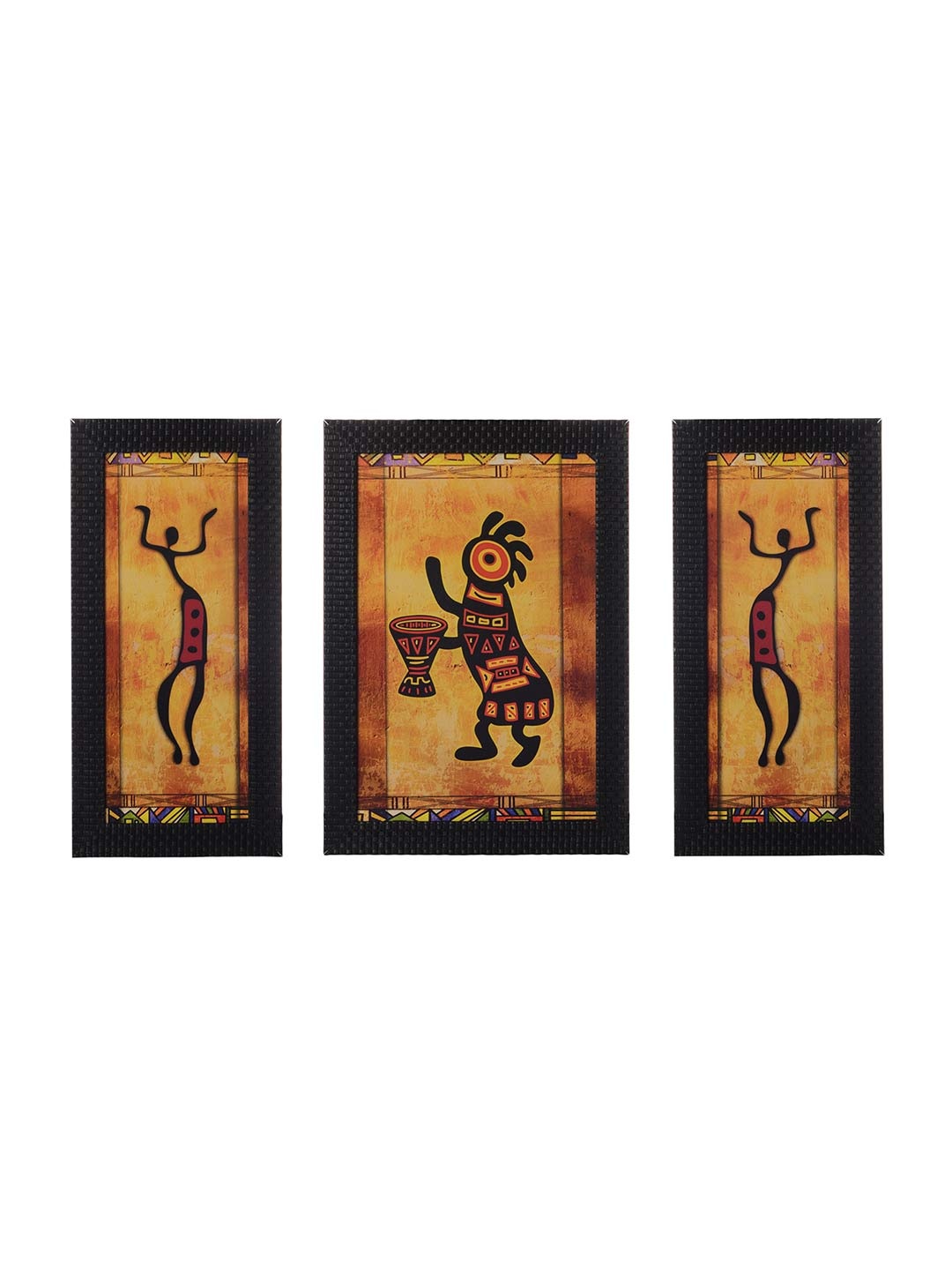 

eCraftIndia Set of 3 Brown Tribal UV Wall Art