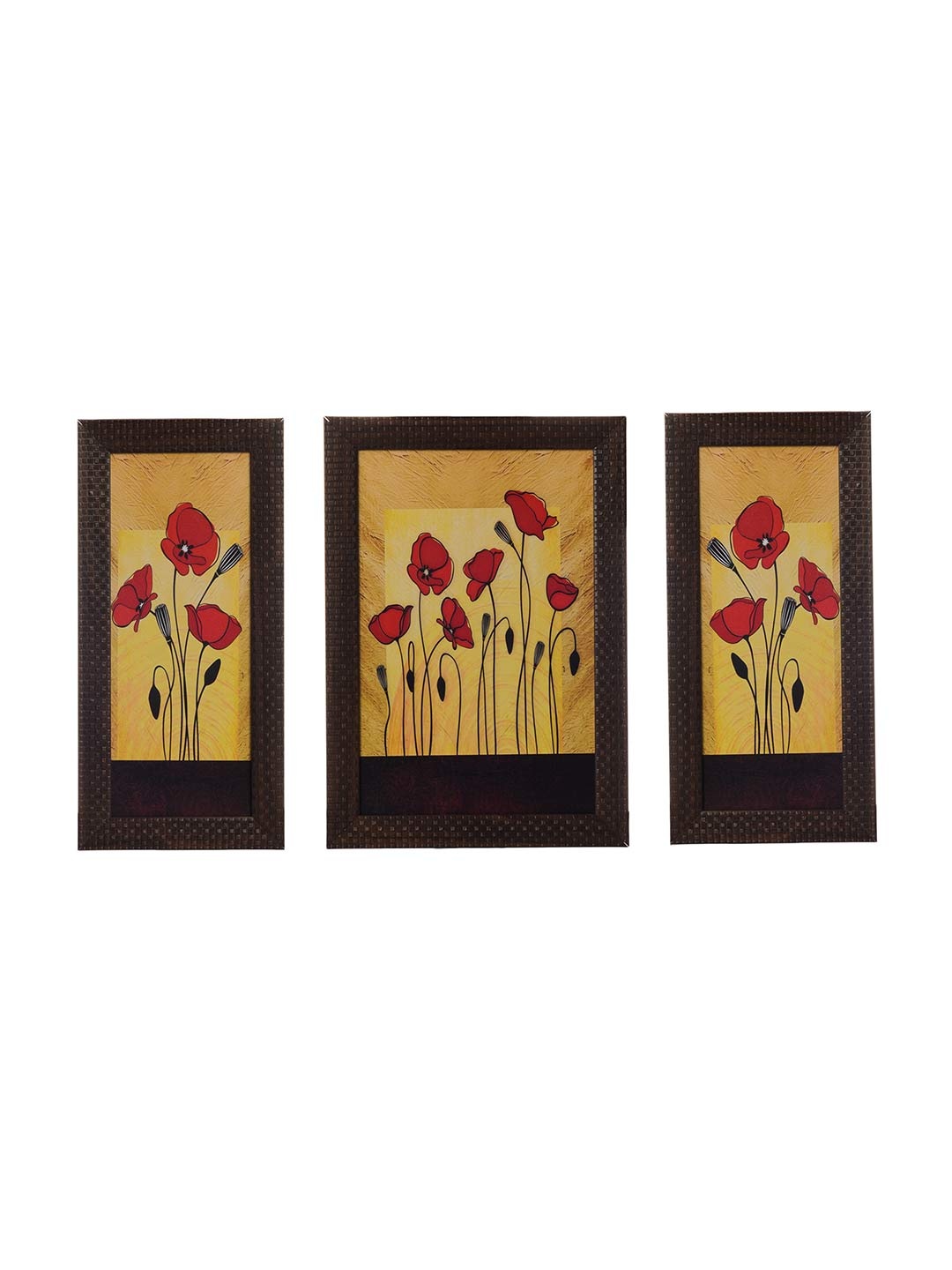 

eCraftIndia Set of 3 Brown & Red Floral UV Wall Art