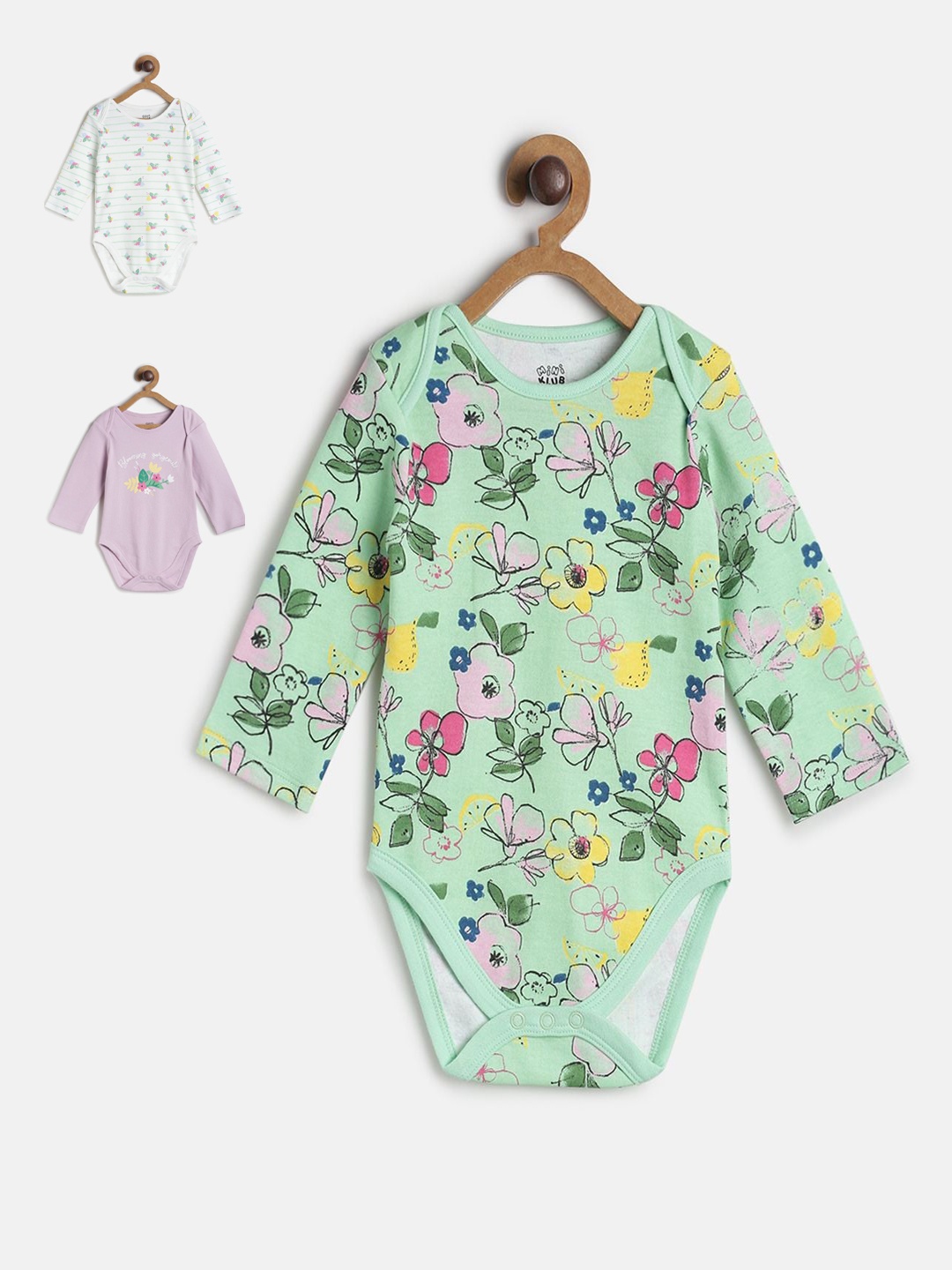 

MINI KLUB Infant Girls Pack of 3 Printed Pure Cotton Bodysuit, Multi