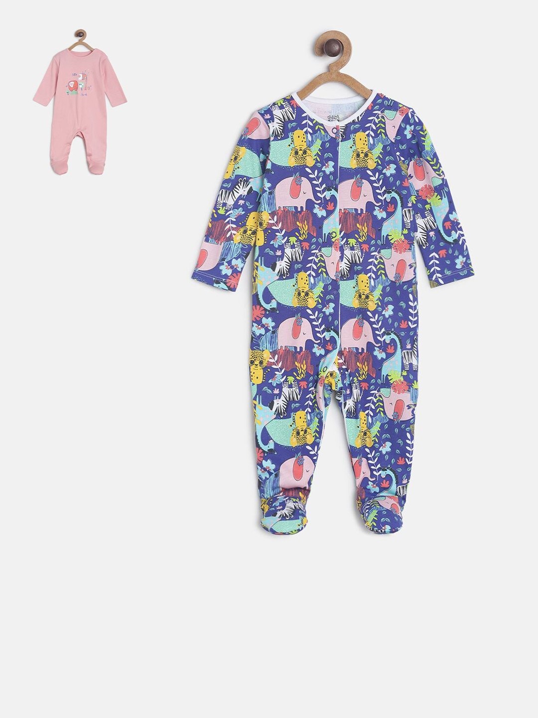 

MINI KLUB Infant Girls Pack of 2 Blue & Pink Printed Pure Cotton Sleepsuits