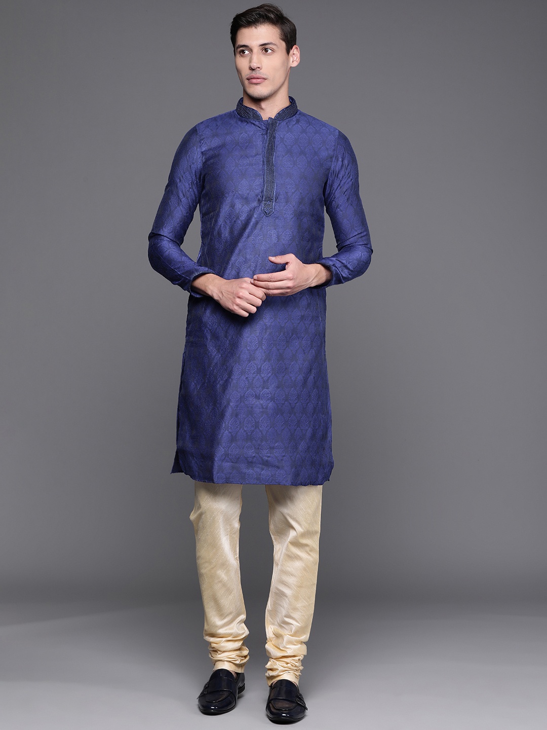 

Manu Men Blue Jacquard Weave Kurta with Churidar