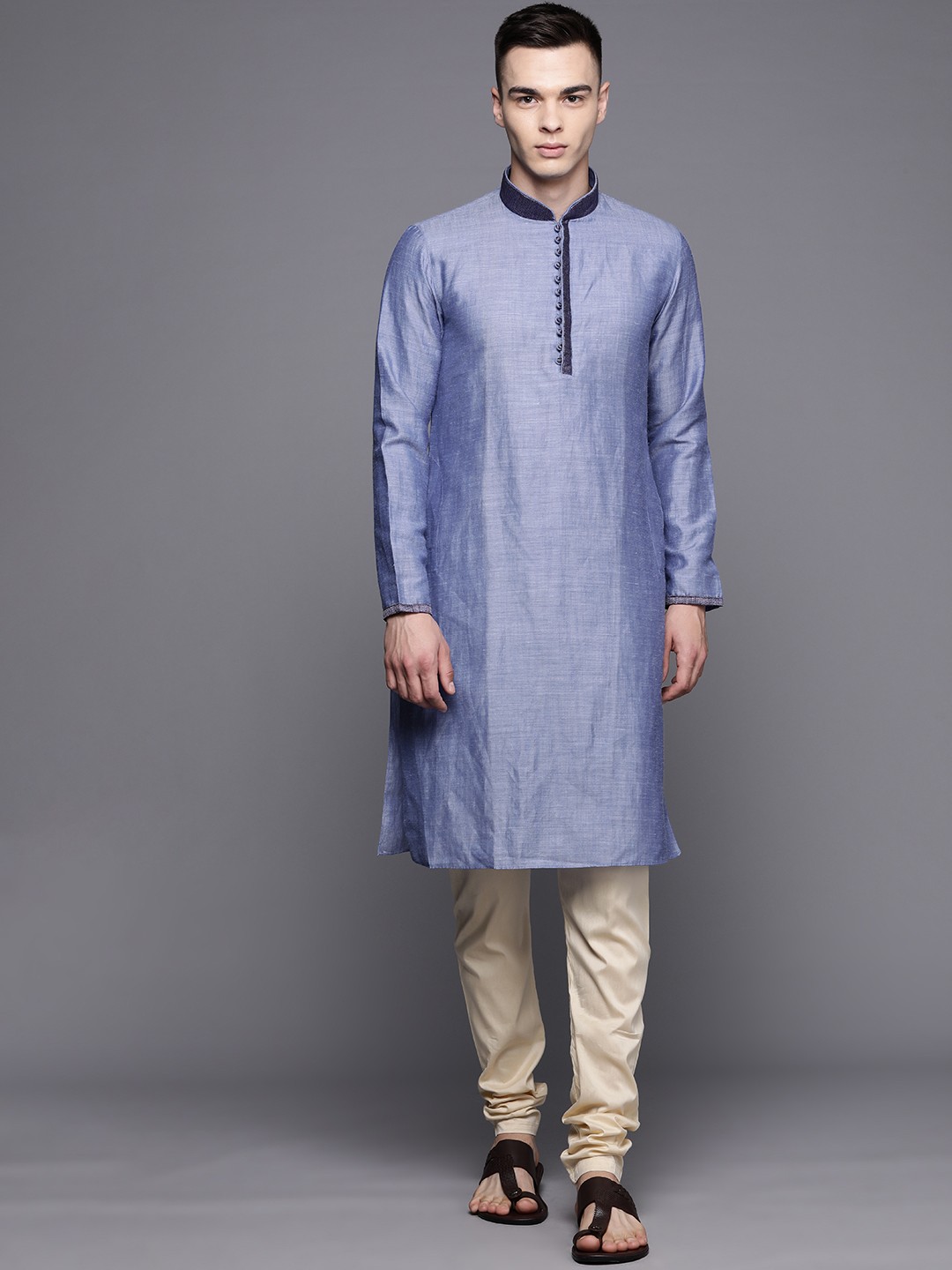

Manu Men Silk Blend Mandarin Collar Kurta with Pyjama, Blue