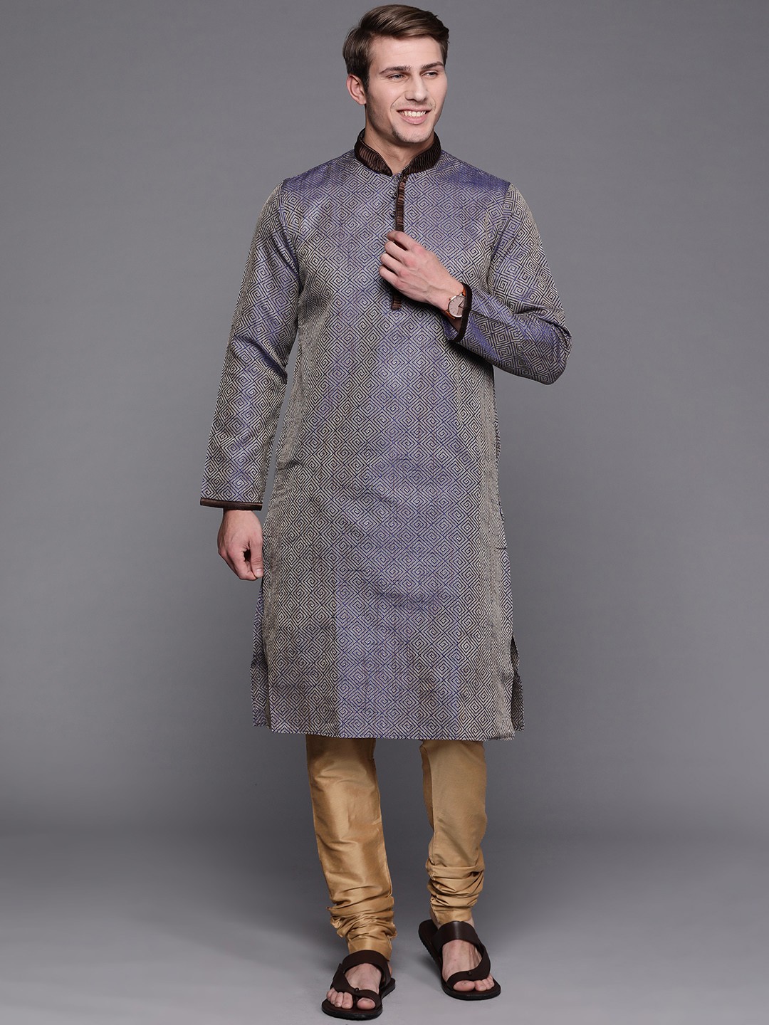 

Manu Men Blue & Beige Self Design Ethnic Motifs Kurta with Churidar