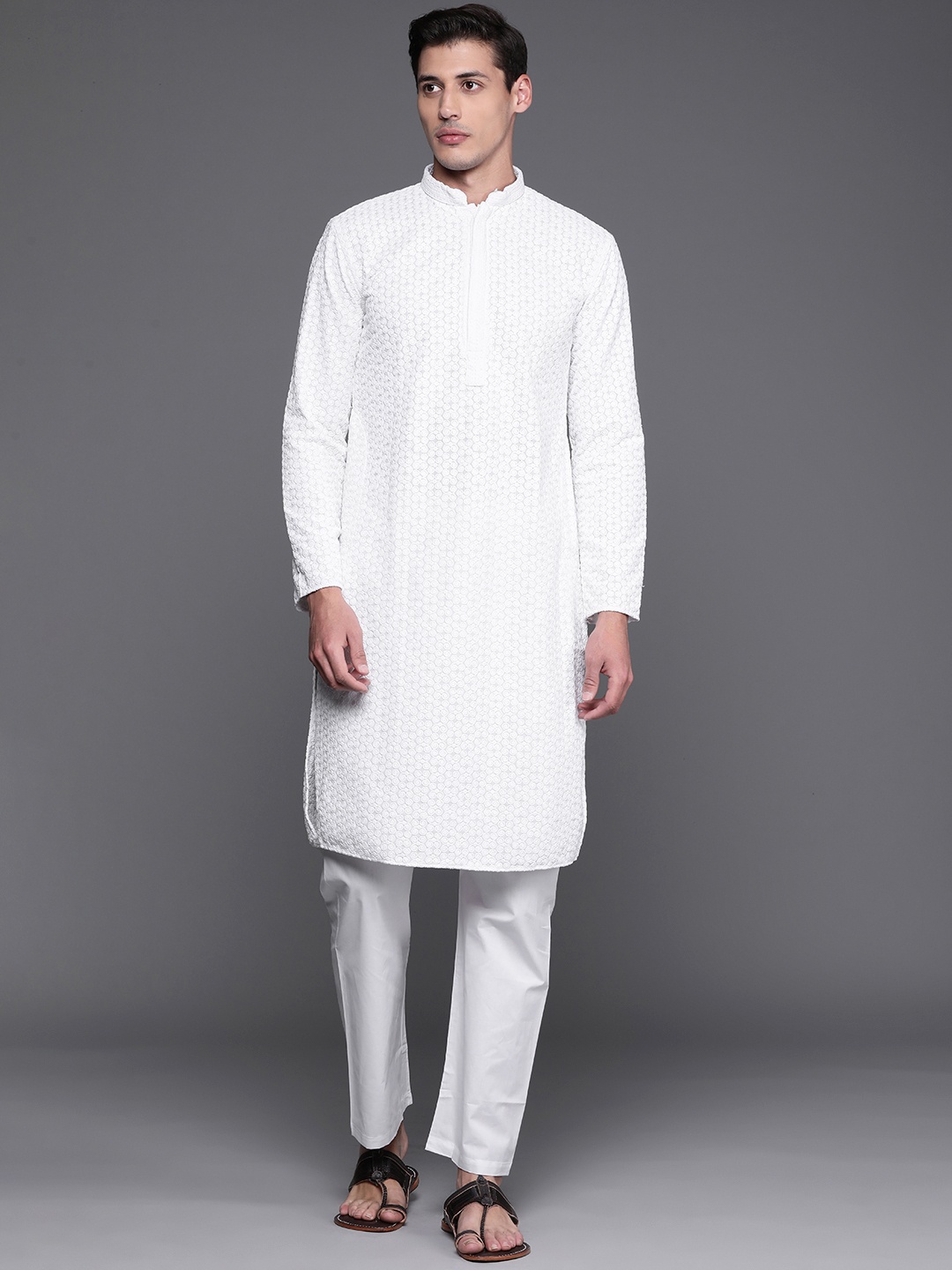 

Manu Men White Chikankari Kurta with Pyjamas