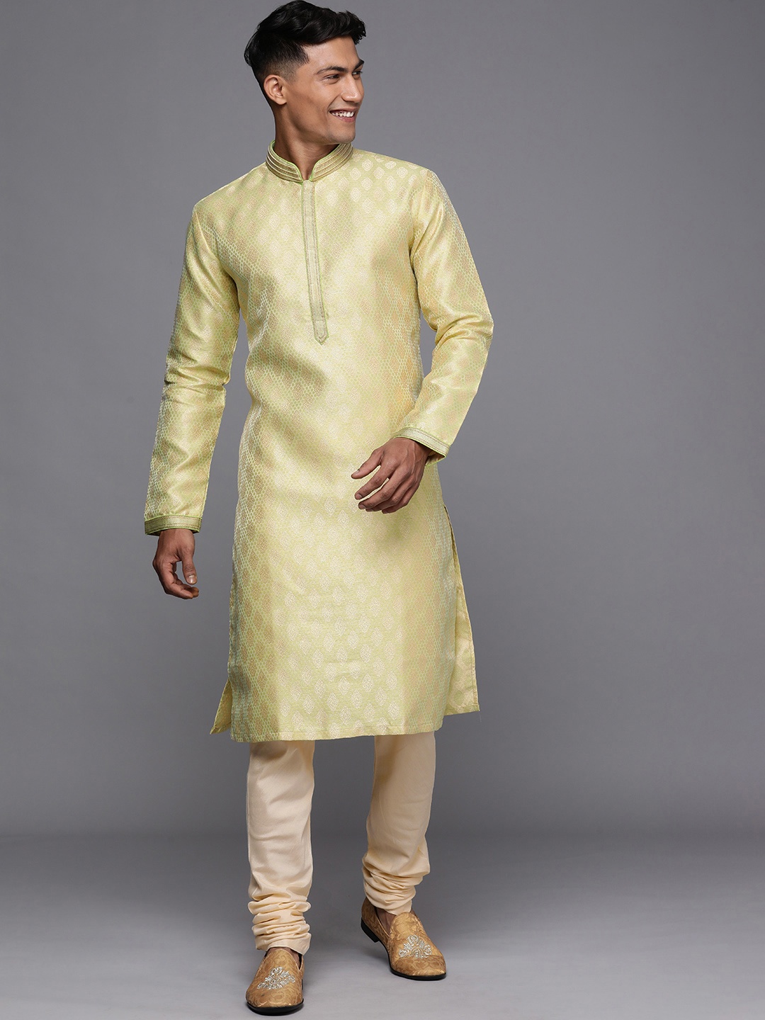 

Manu Men Yellow Jacquard Weave Kurta with Churidar