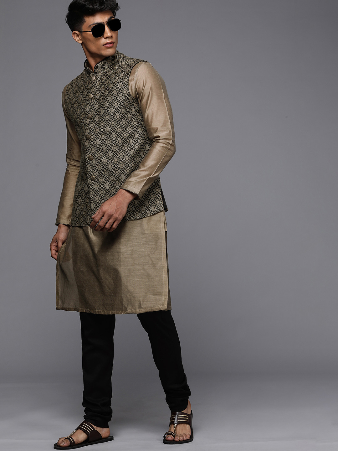 

Manu Men Beige Kurta with Churidar & Nehru Jacket