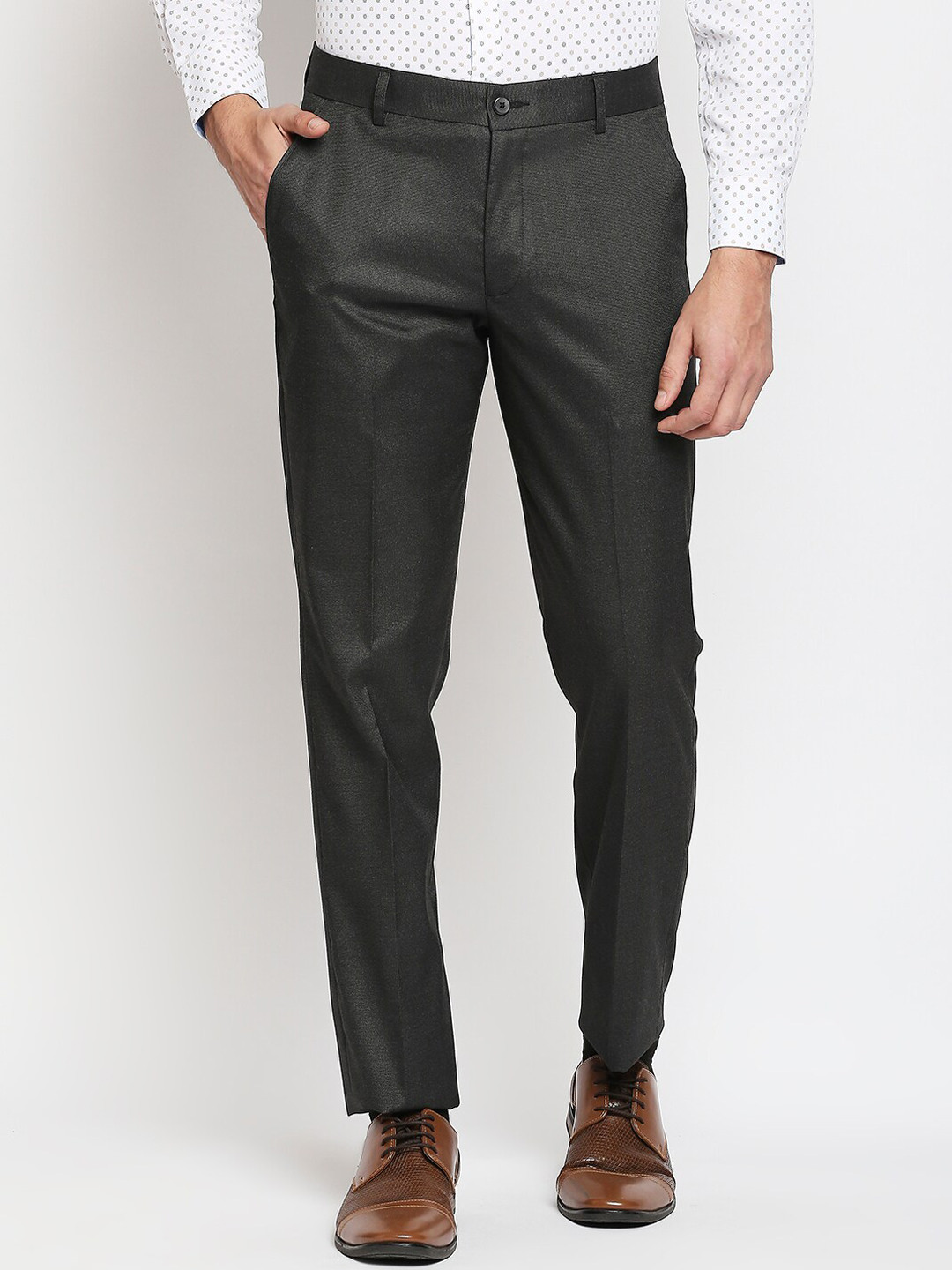 

Solemio Men Charcoal Grey Textured Formal Trousers