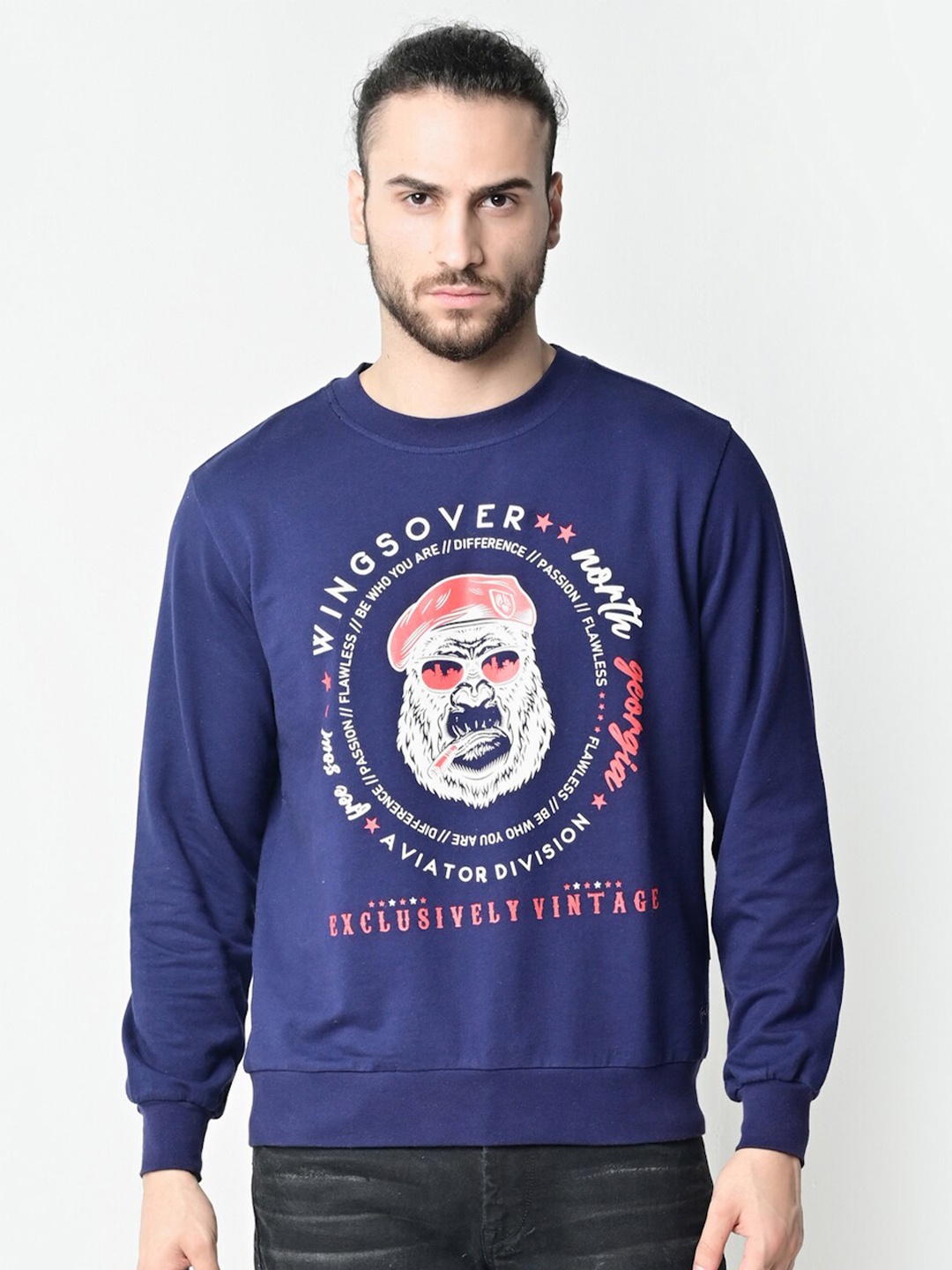 

FLAWLESS Men Blue Printed Cotton Sweatshirt