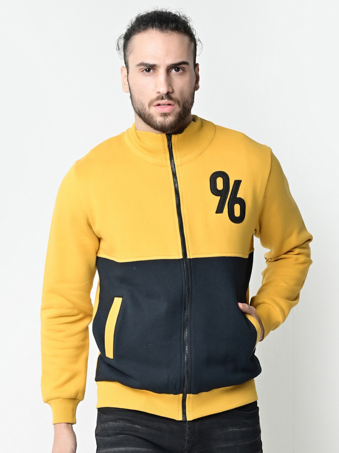 

FLAWLESS Men Mustard Yellow & Navy Blue Colourblocked Cotton Sweatshirt