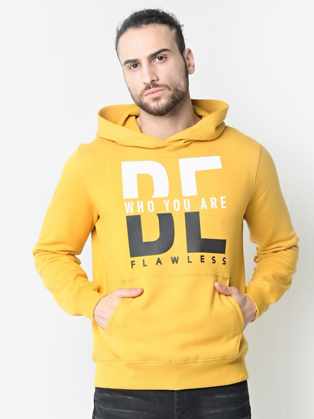 

FLAWLESS Men Yellow Printed Hooded Sweatshirt