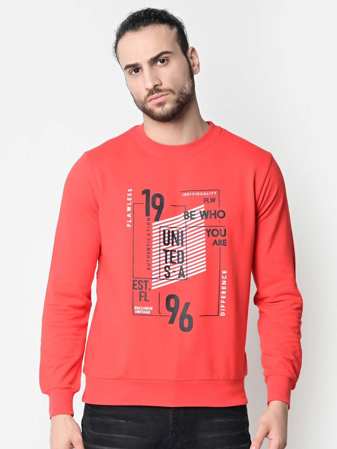 

FLAWLESS Men Red Printed Cotton Sweatshirt