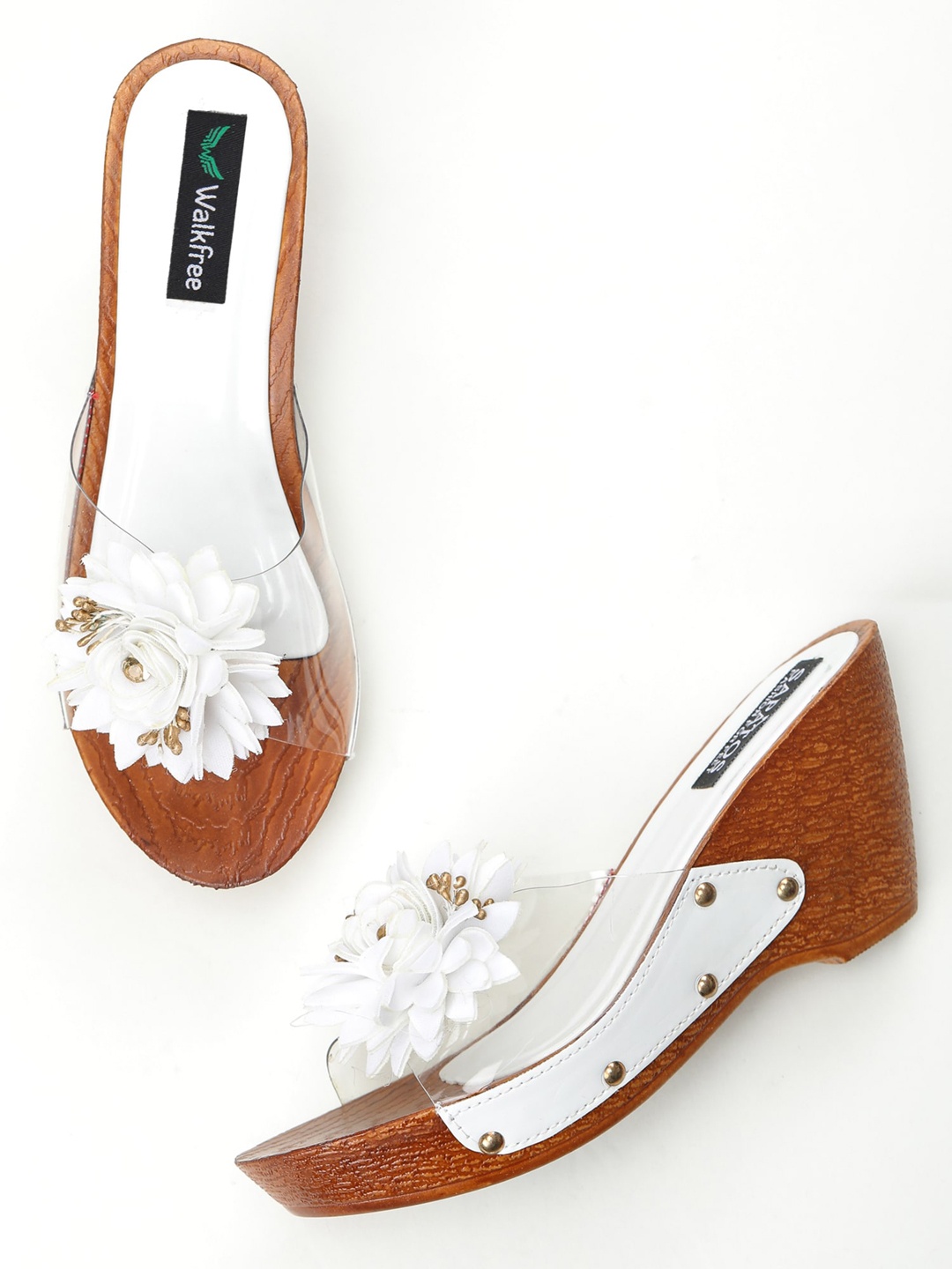 

Walkfree White & Transparent Embellished Wedge Sandals