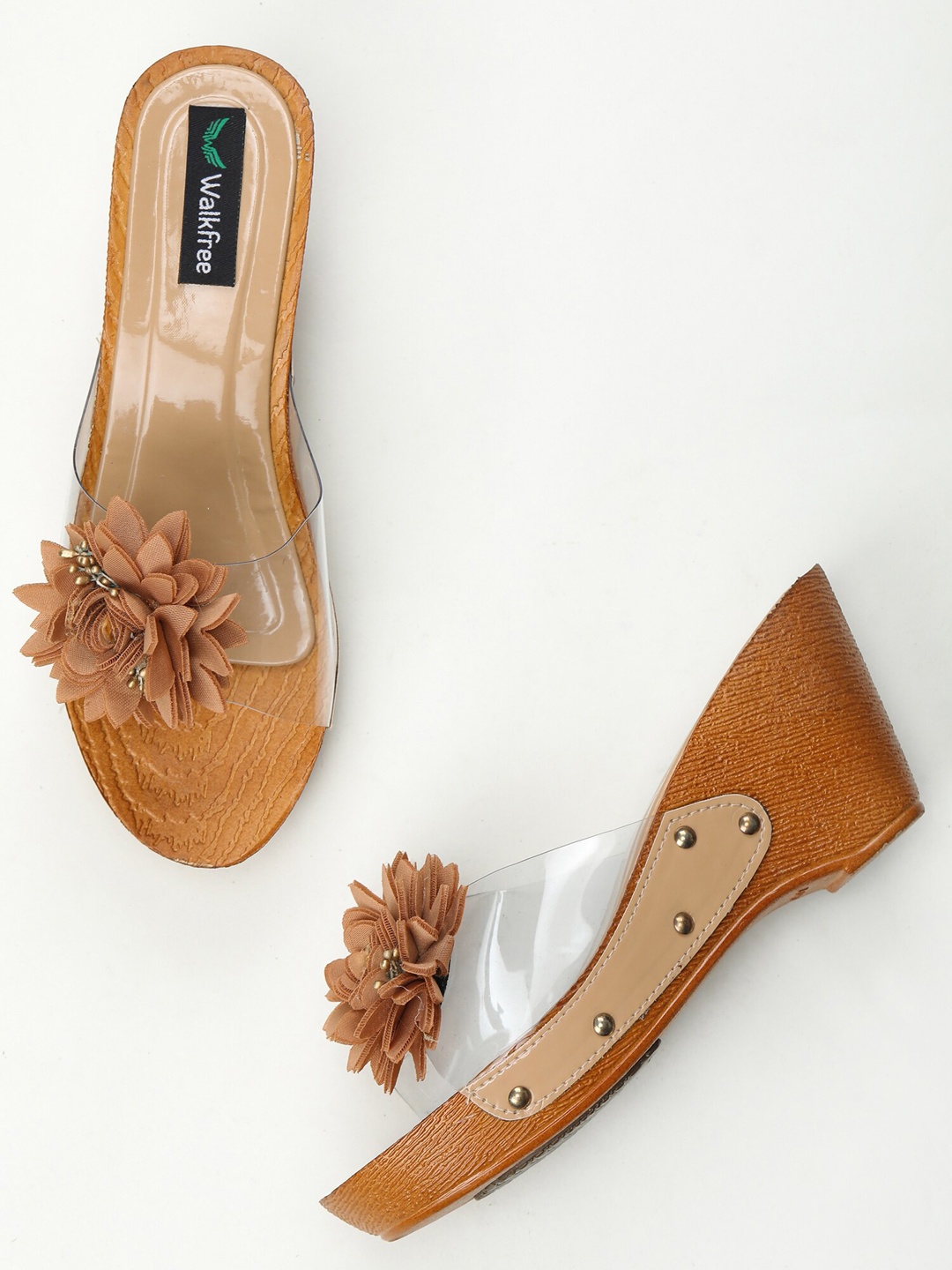 

Walkfree Brown & Transparent Embellished Wedge Sandals