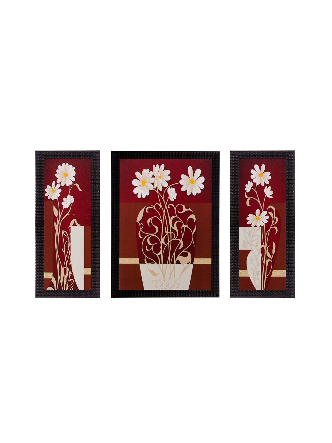 

eCraftIndia Set of 3 Maroon & White Floral UV Wall Art